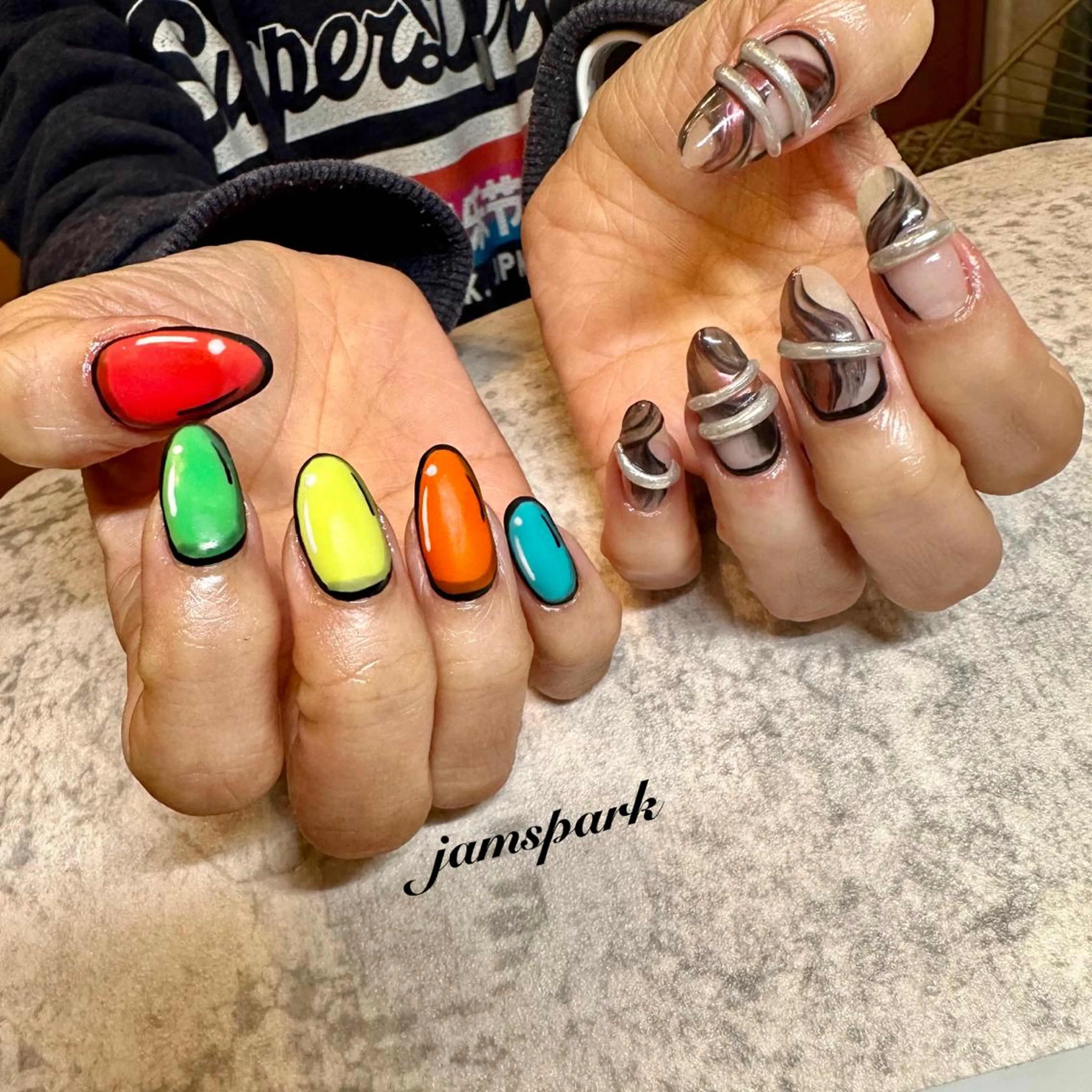 ネイル ジェルネイル ロングネイル シルバー シンプルネイル ハンドネイル jamspark ✨のネイルデザイン