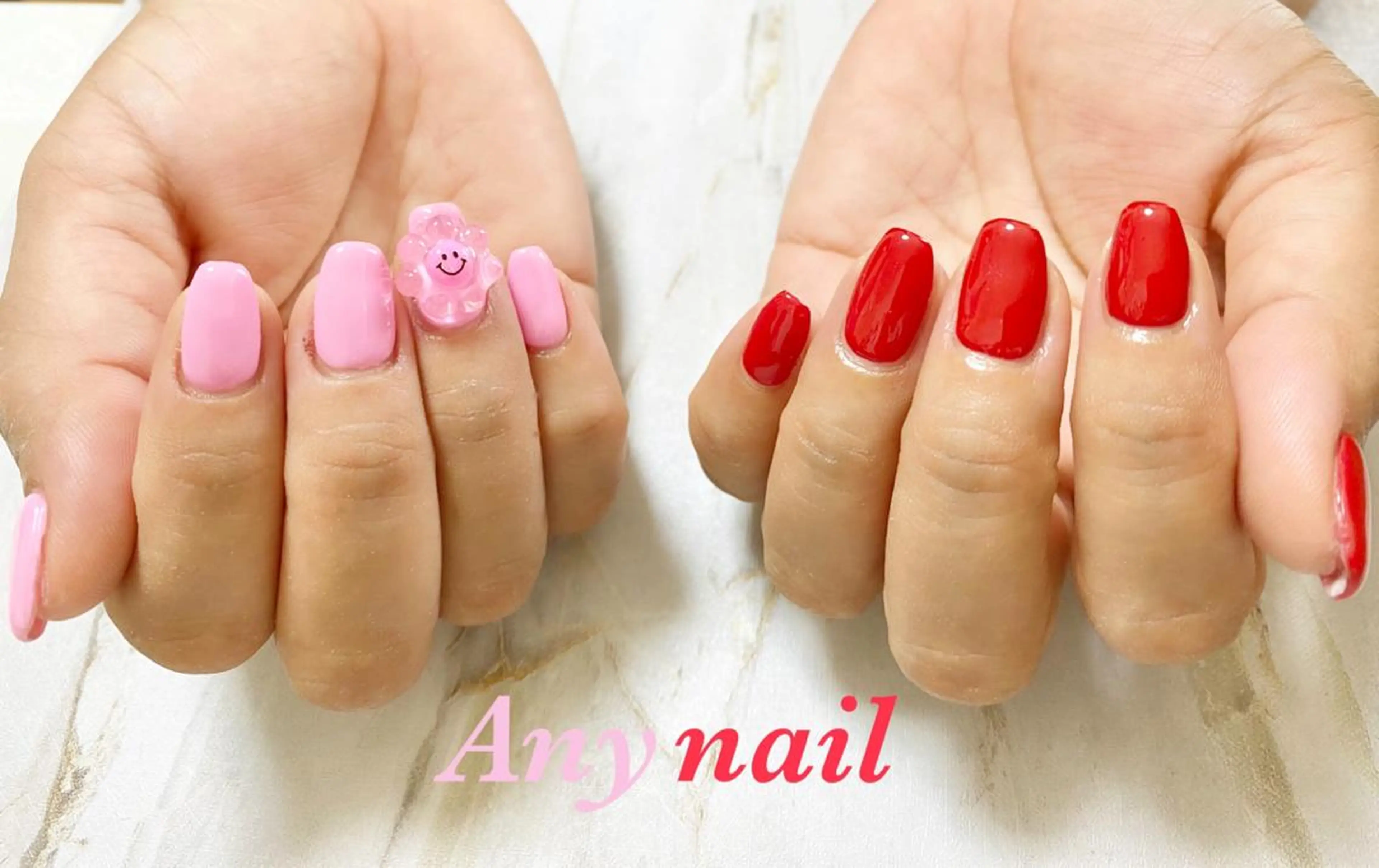 ネイル ブルー ワンカラーネイル ピンク 赤色 ハンドネイル 岩澤 恵子のネイルデザイン