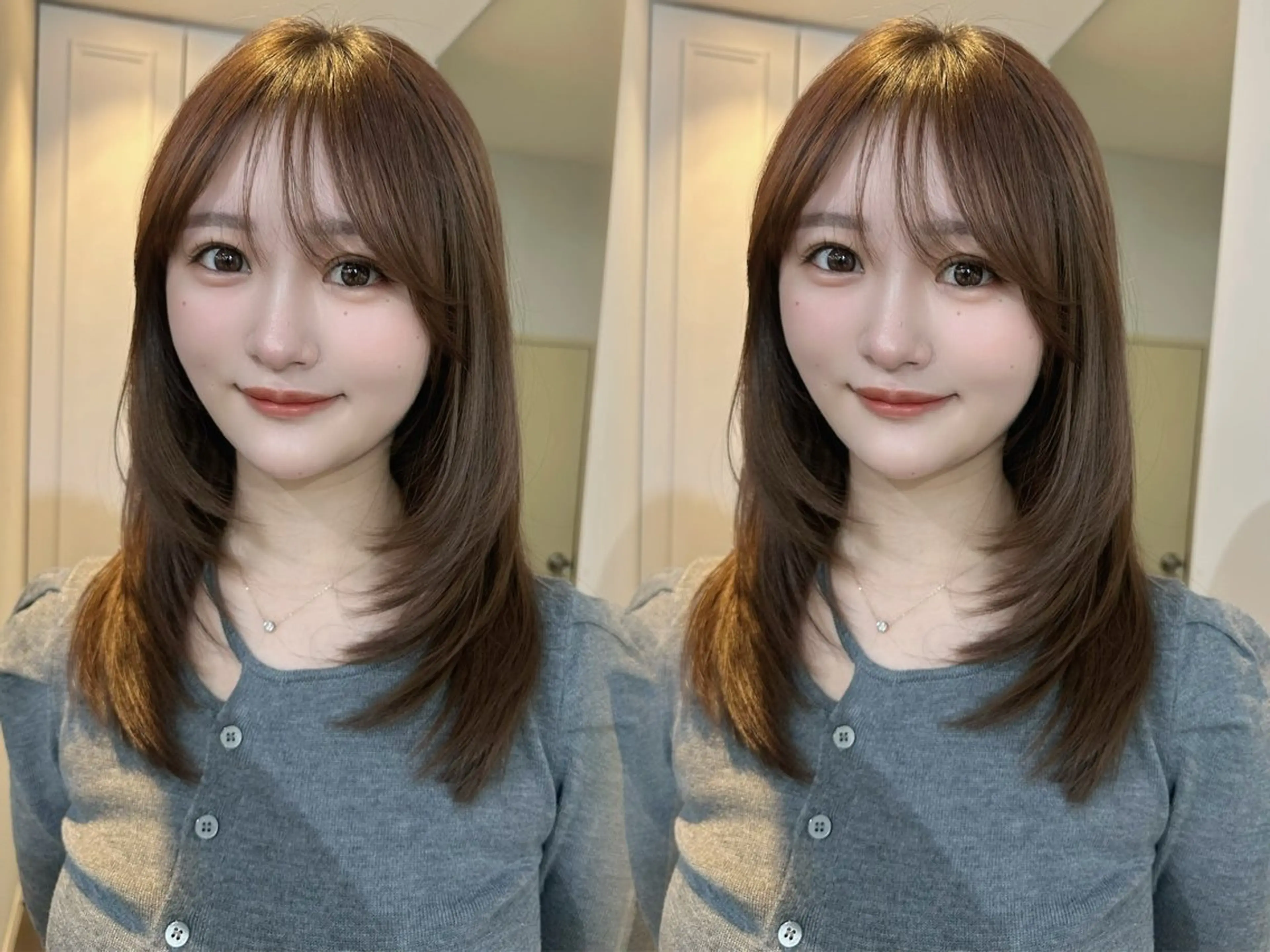 ミディアム 顔まわりレイヤー レイヤーカット 小顔カット カット ヘアカラー MOE 🌙新宿三丁目のヘアスタイル