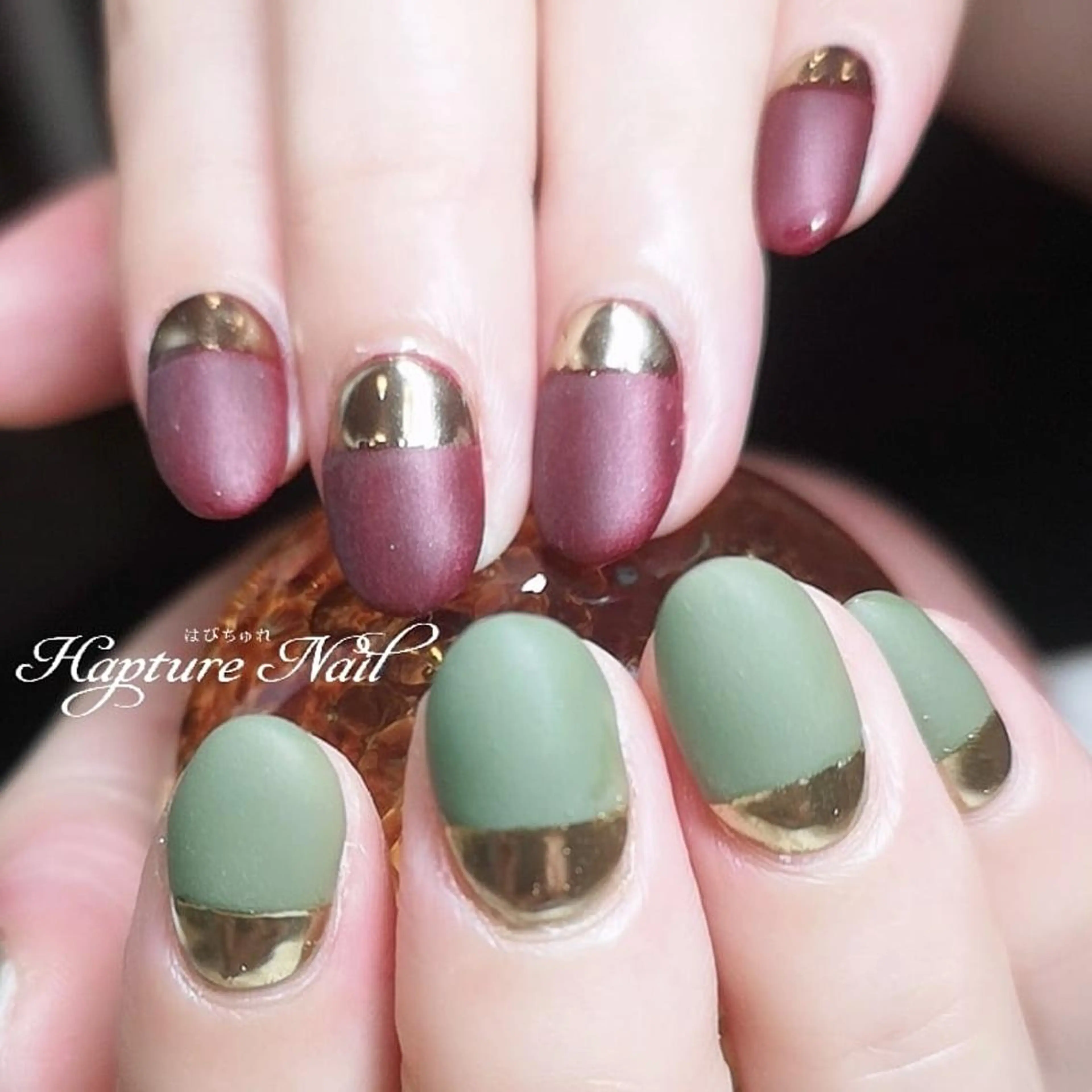 ネイル アートネイル ボルドー ゴールド マットネイル ミラーネイル m- Hiroのネイルデザイン