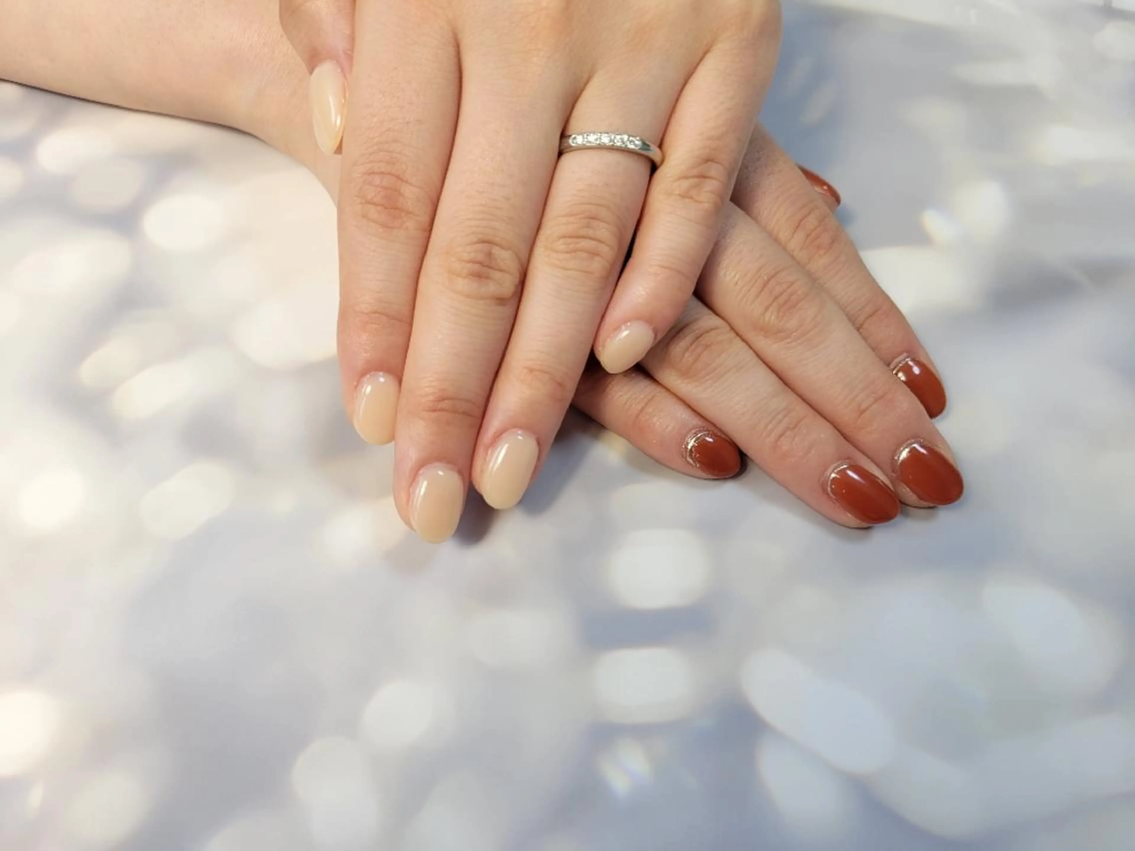 ネイル ブラウン ミラーネイル オレンジ シルバー シンプルネイル ハンドネイル ハンドケア Kiko nailのネイルデザイン