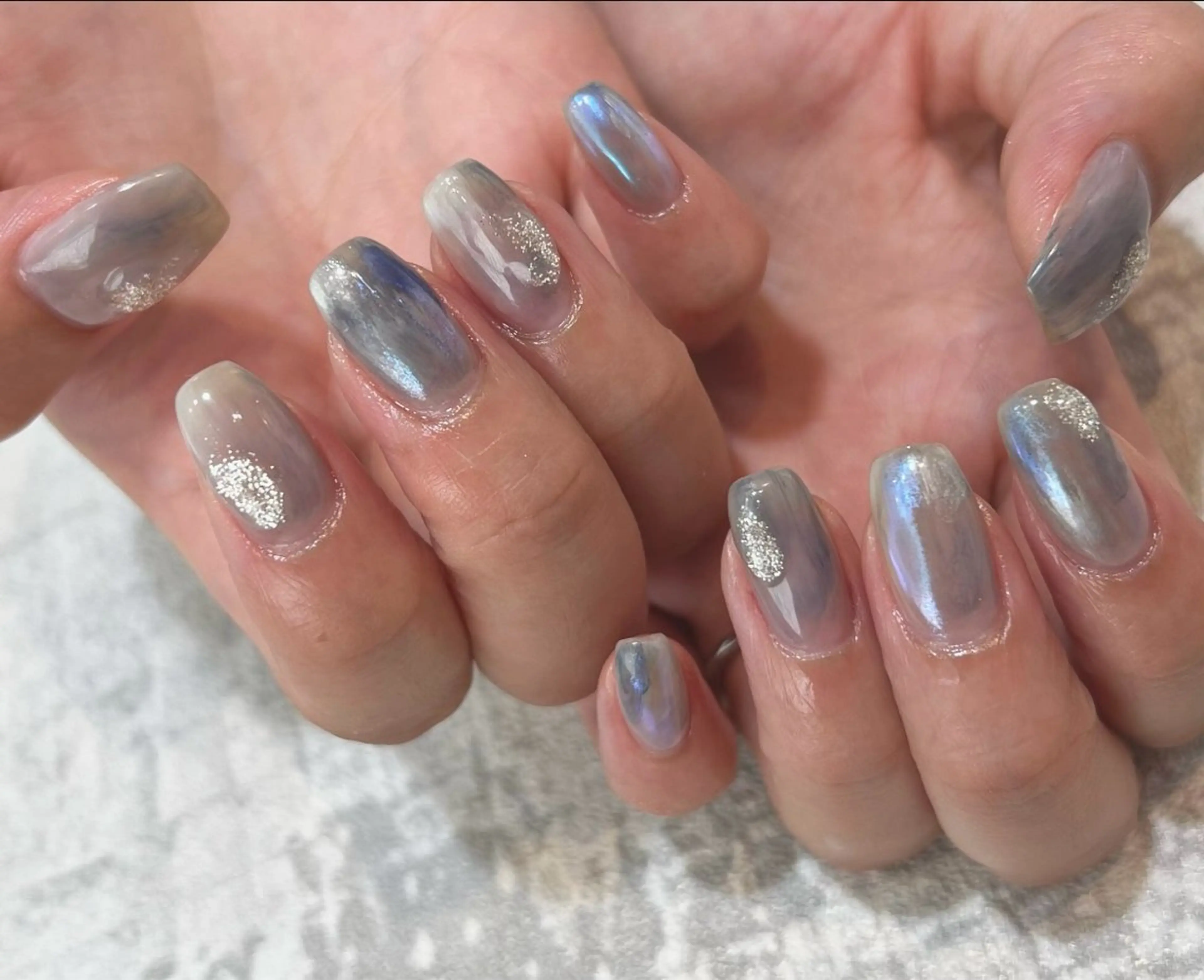 ネイル オーロラネイル ブルー ミラーネイル KAMIO CION Nail  朝倉のネイルデザイン