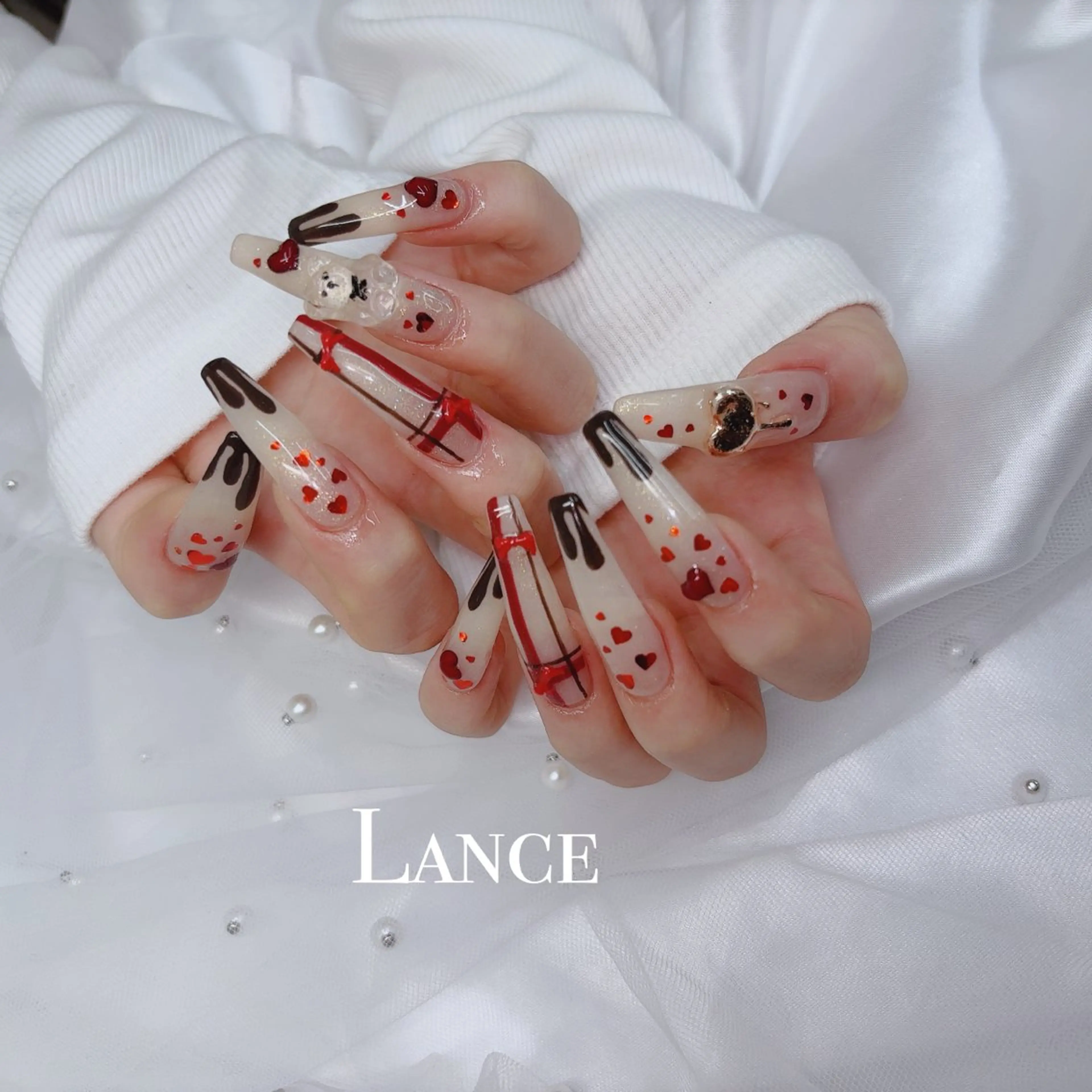 ネイル 韓国ネイル バレンタイン ワンホンネイル 冬ネイル ハンドネイル Lance nailのネイルデザイン