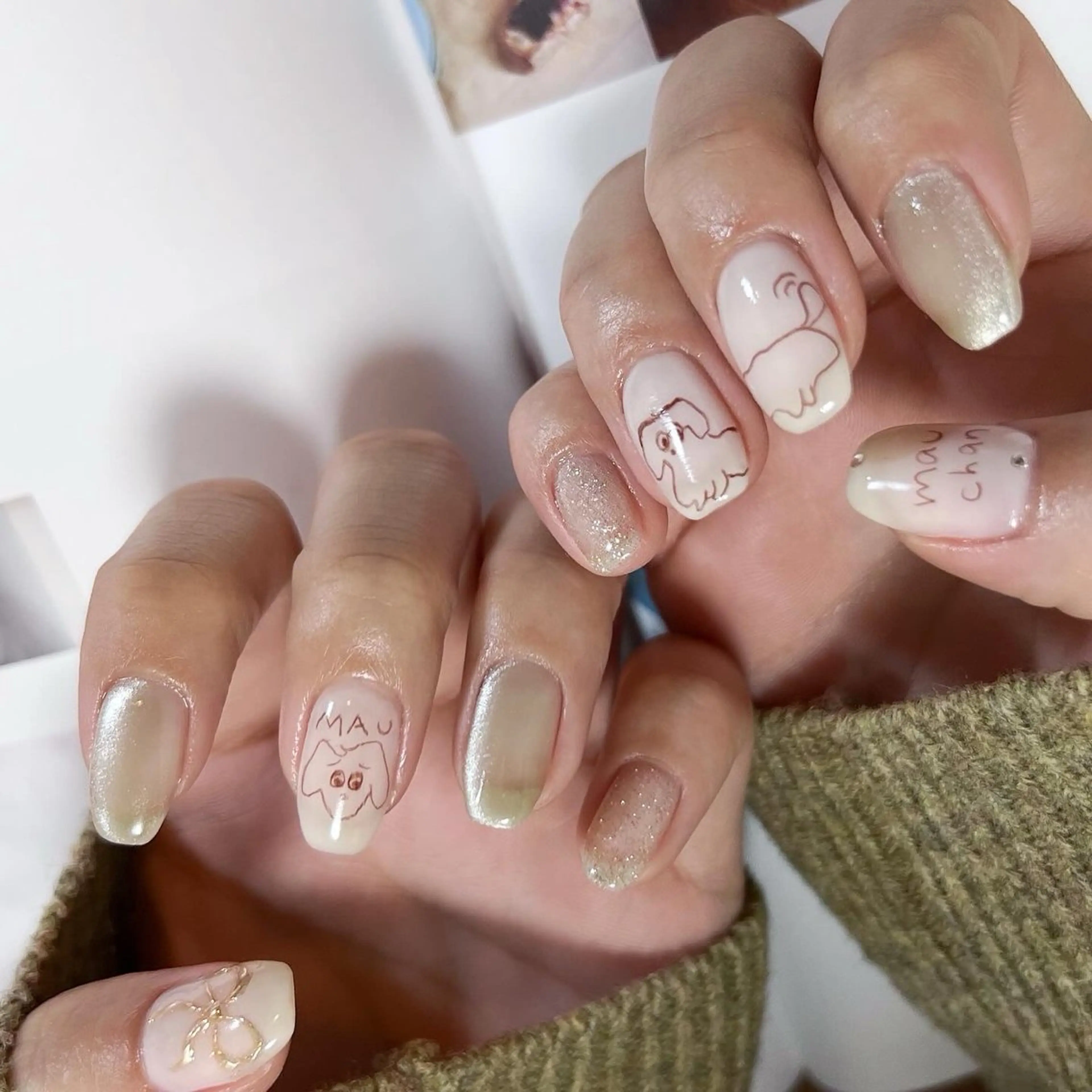 ネイル オーロラネイル マグネットネイル リボン 春ネイル ハンドネイル pointillé .ayaのネイルデザイン