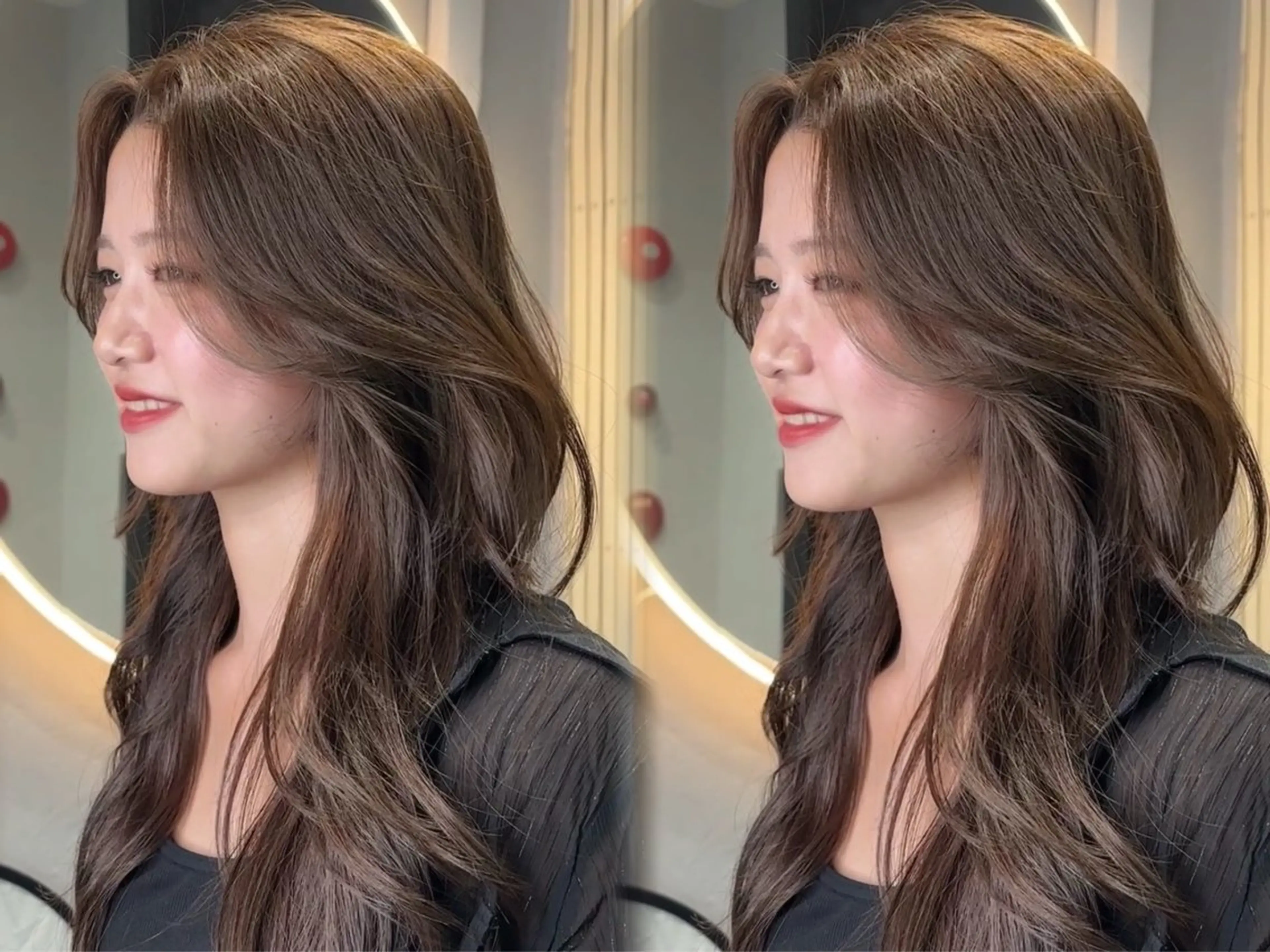 ロング カット ヘアカラー トリートメント 韓国ヘア/ブリーチ無 しWカラー/オリーブのヘアスタイル