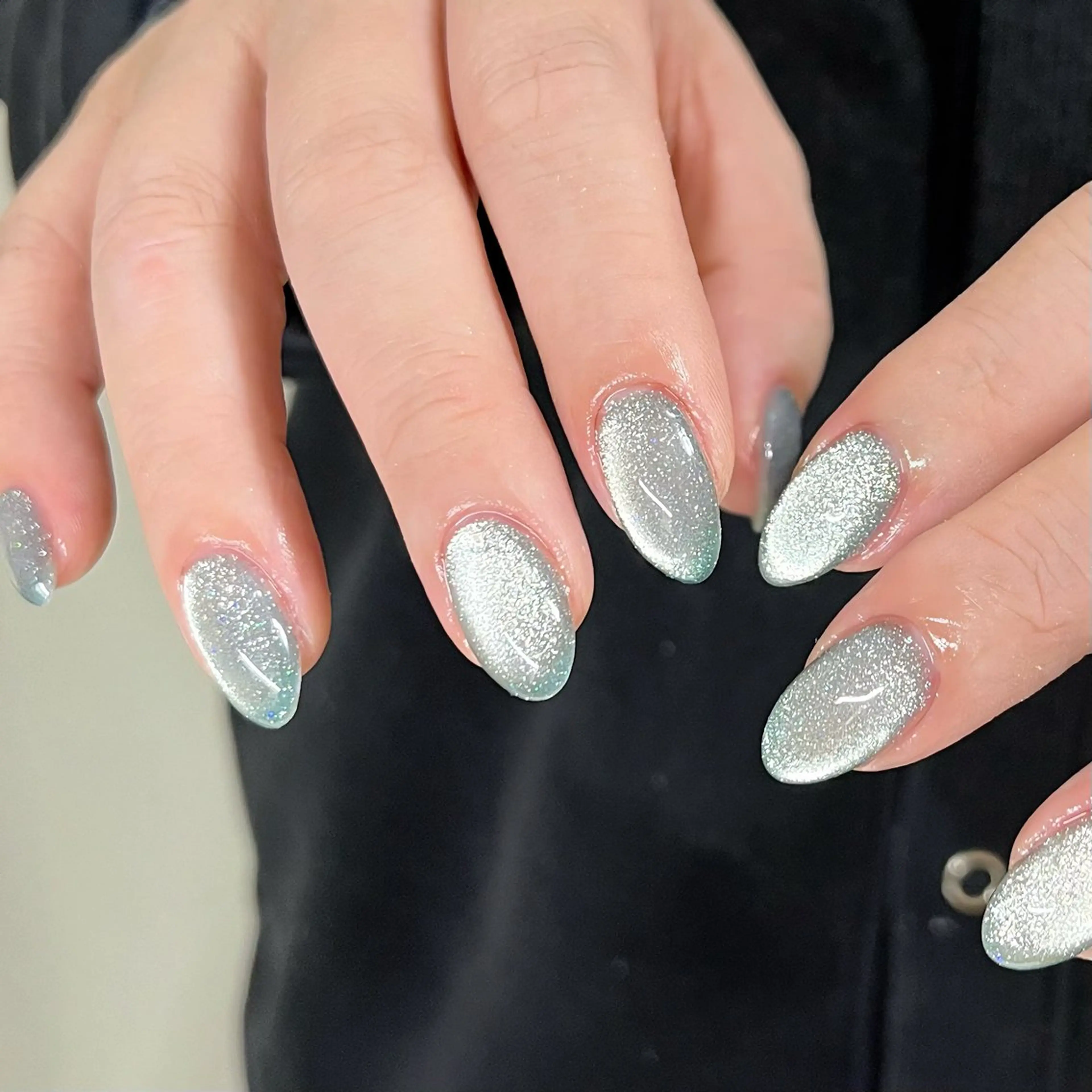 ネイル 長さ出し フレンチネイル レース 水色 マグネットネイル ハンドネイル ハンドケア 🫧OPELIA NAIL渋谷🫧のネイルデザイン