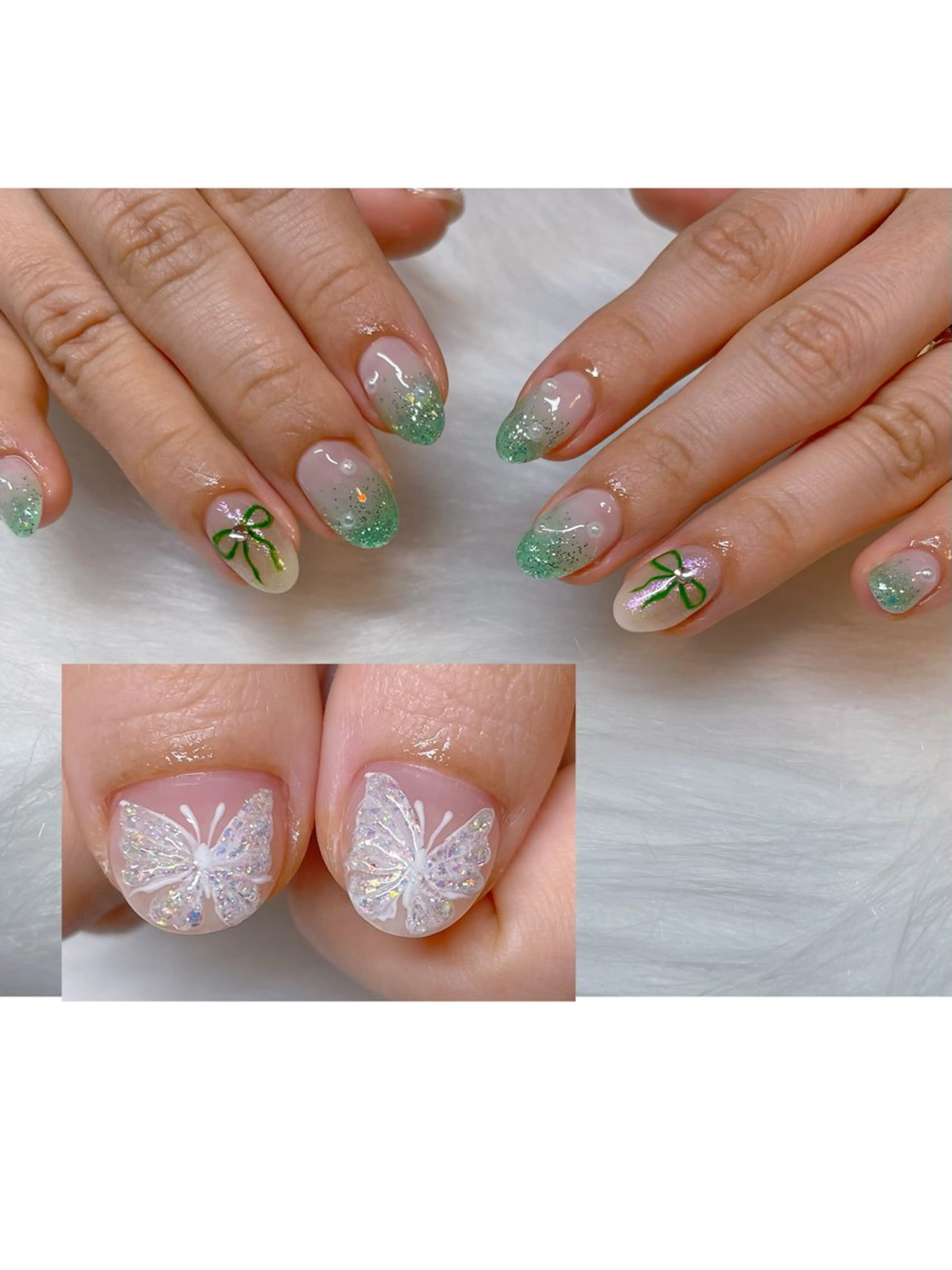 ネイル グリーン ラメ(グリッター) ラメグラデーション リボン 春ネイル エン Nail salonのネイルデザイン