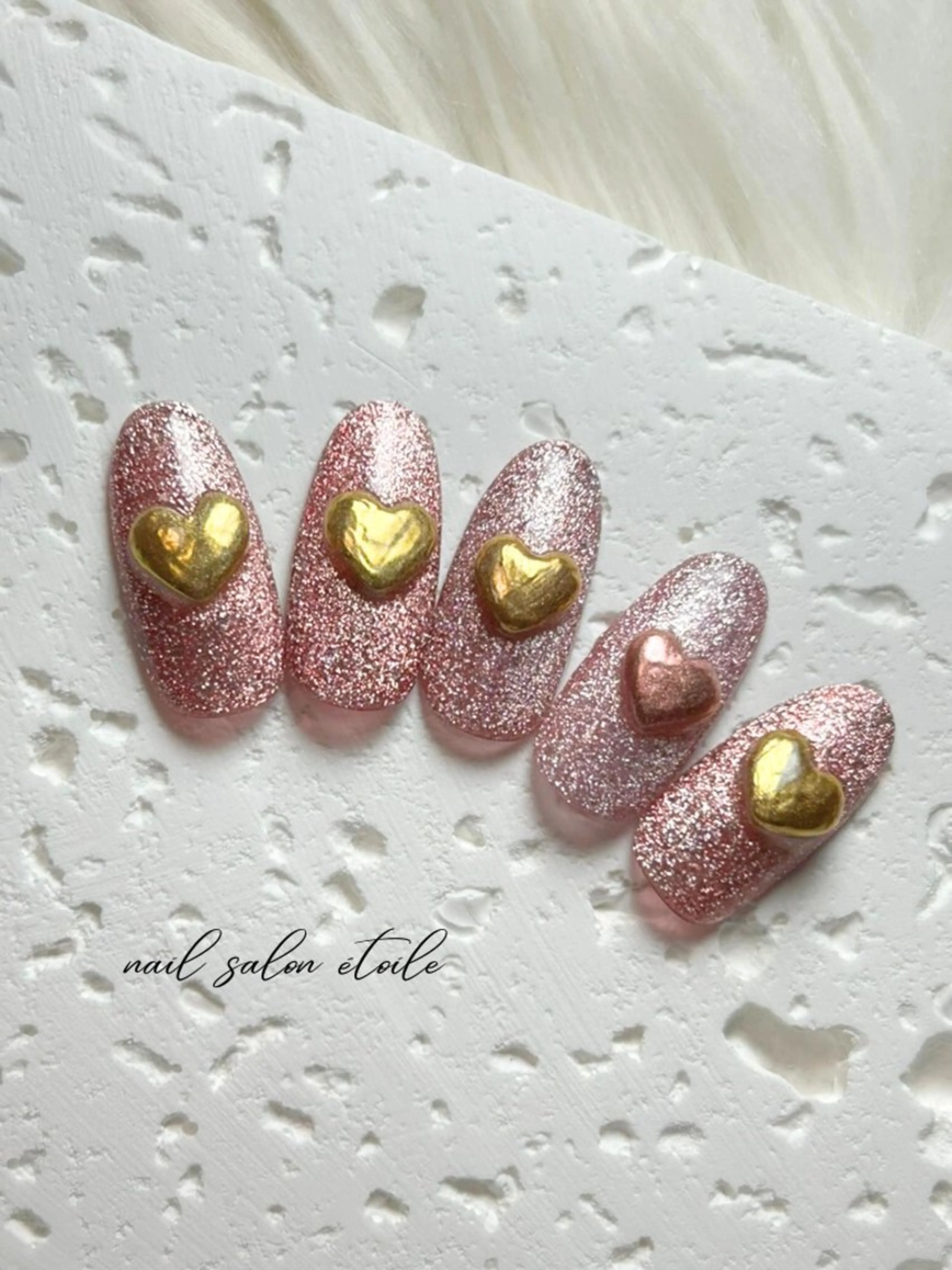 ネイル フラッシュネイル ハート ラメ(グリッター) ピンク ぷっくりネイル ハンドネイル nail salon étoileのネイルデザイン