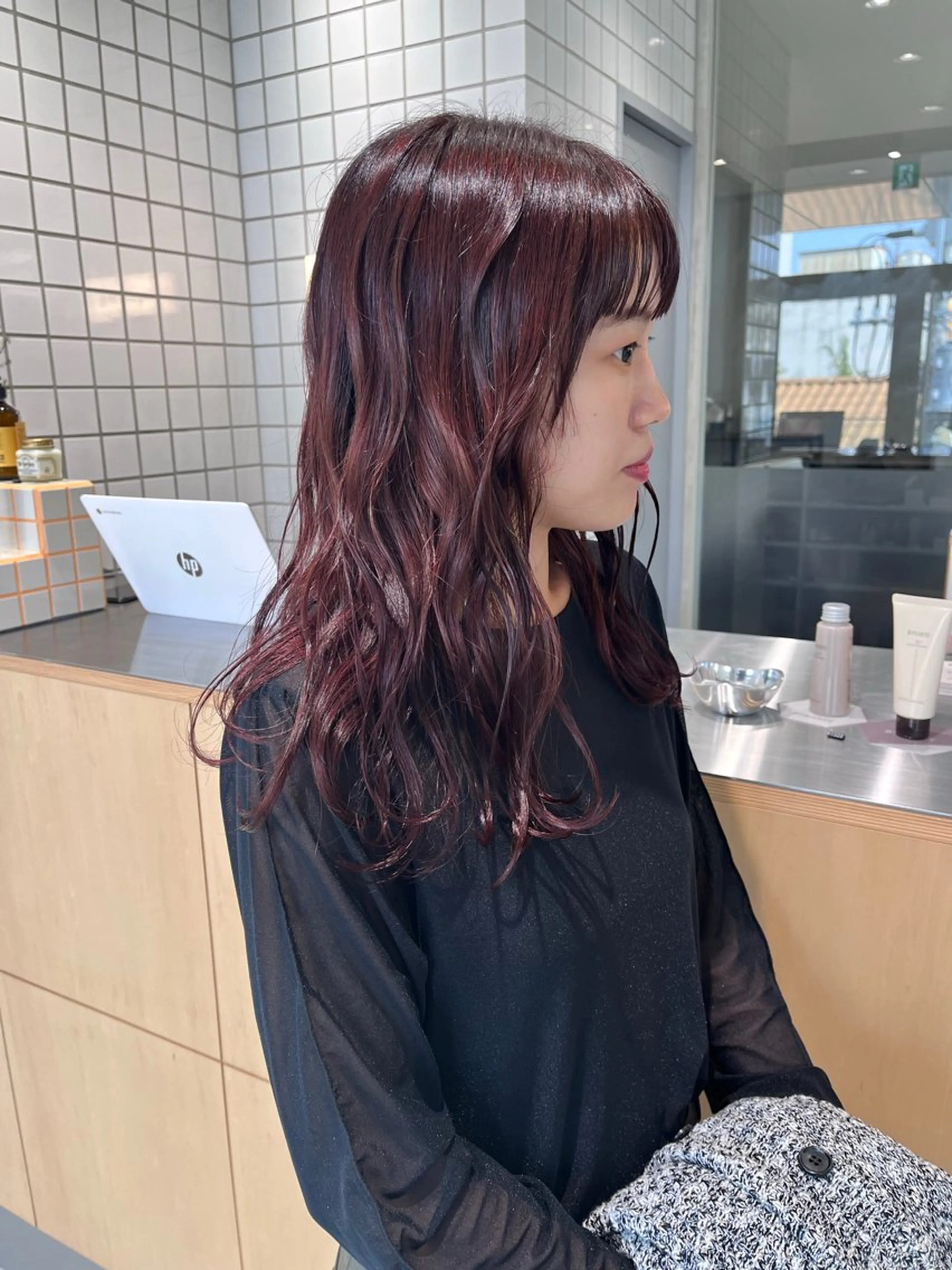 ミディアム カラー ボルドーカラー ピンクカラー 原宿パーマ kazuのヘアスタイル