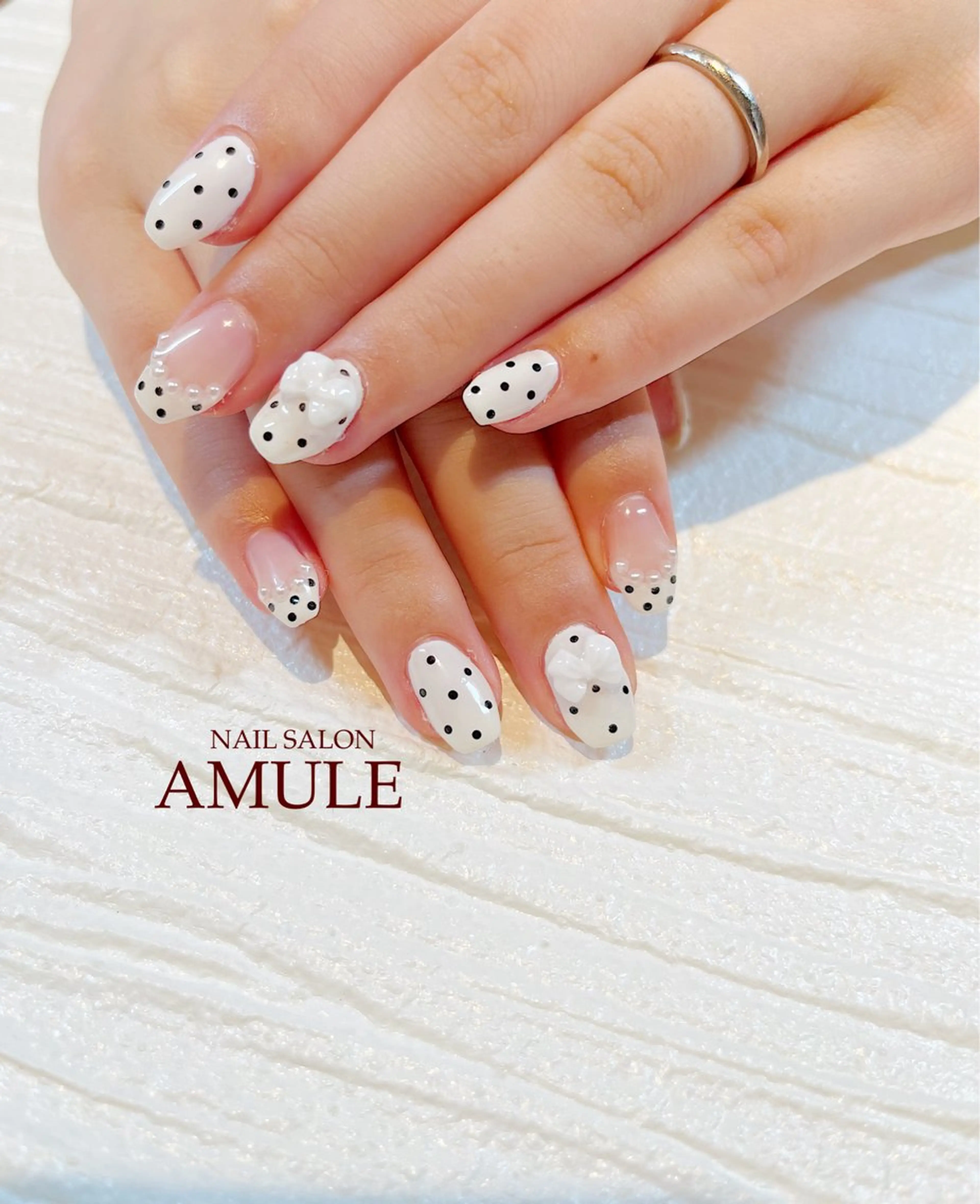 ネイル アートネイル ドット ジェルネイル リボン ハンドネイル NAILSALON AMULEのネイルデザイン
