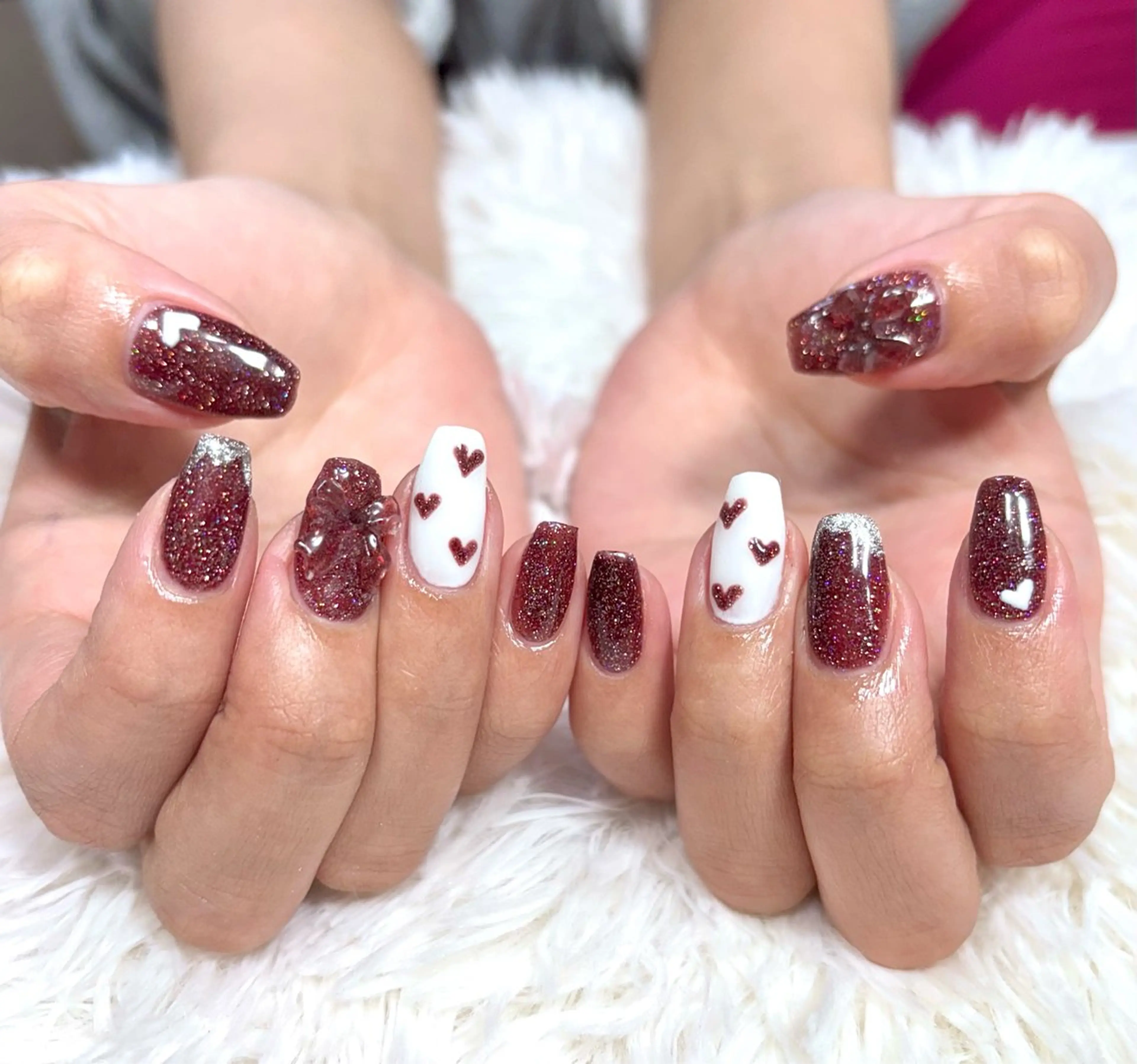 ネイル フラッシュネイル ハート ラメ(グリッター) リボン バレンタイン ハンドネイル LUANA n'sのネイルデザイン