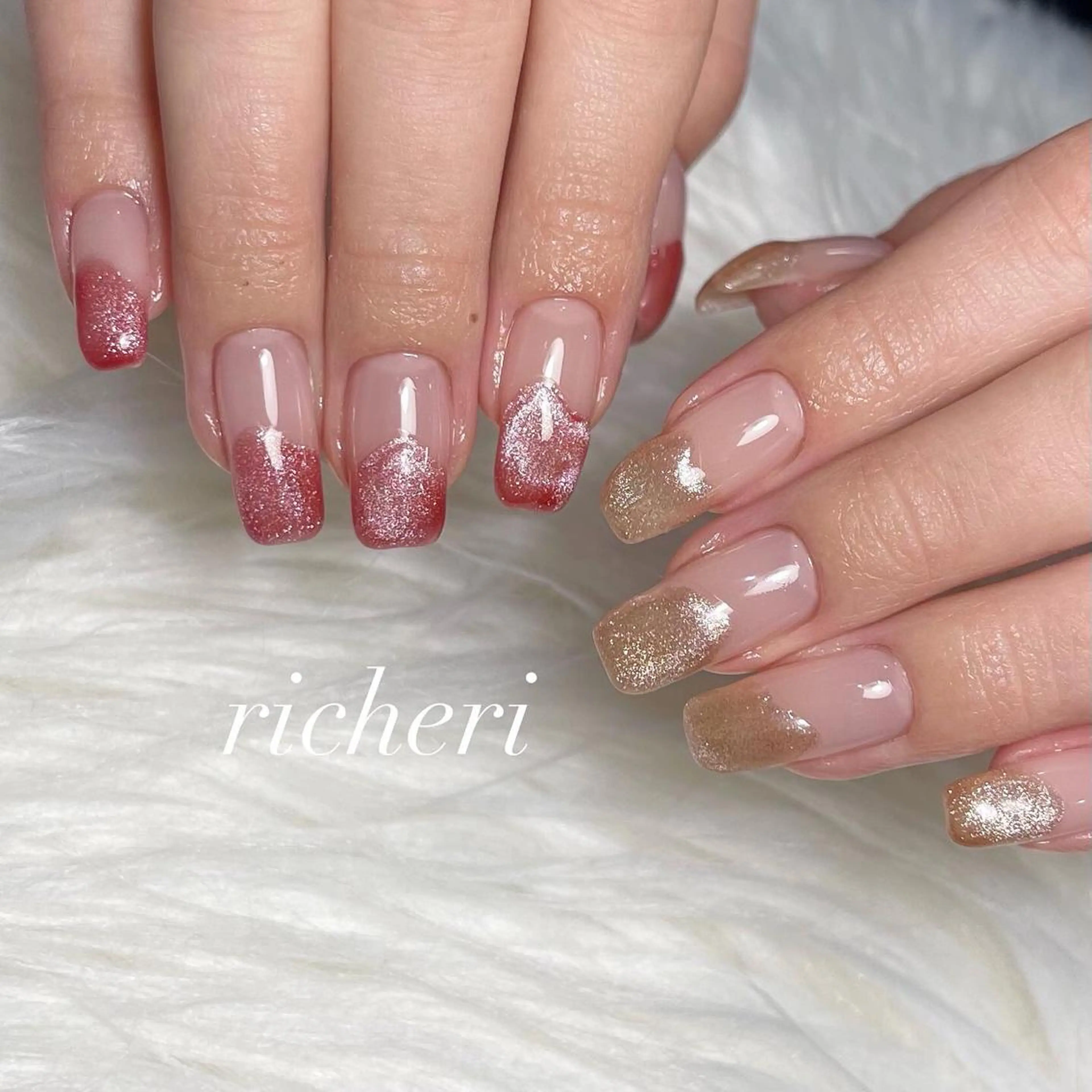 ミディアム ネイル 韓国風ヘア アートネイル フレンチネイル ジェルネイル ガラスフレンチ richeri beautyのエステ・リラクイメージ