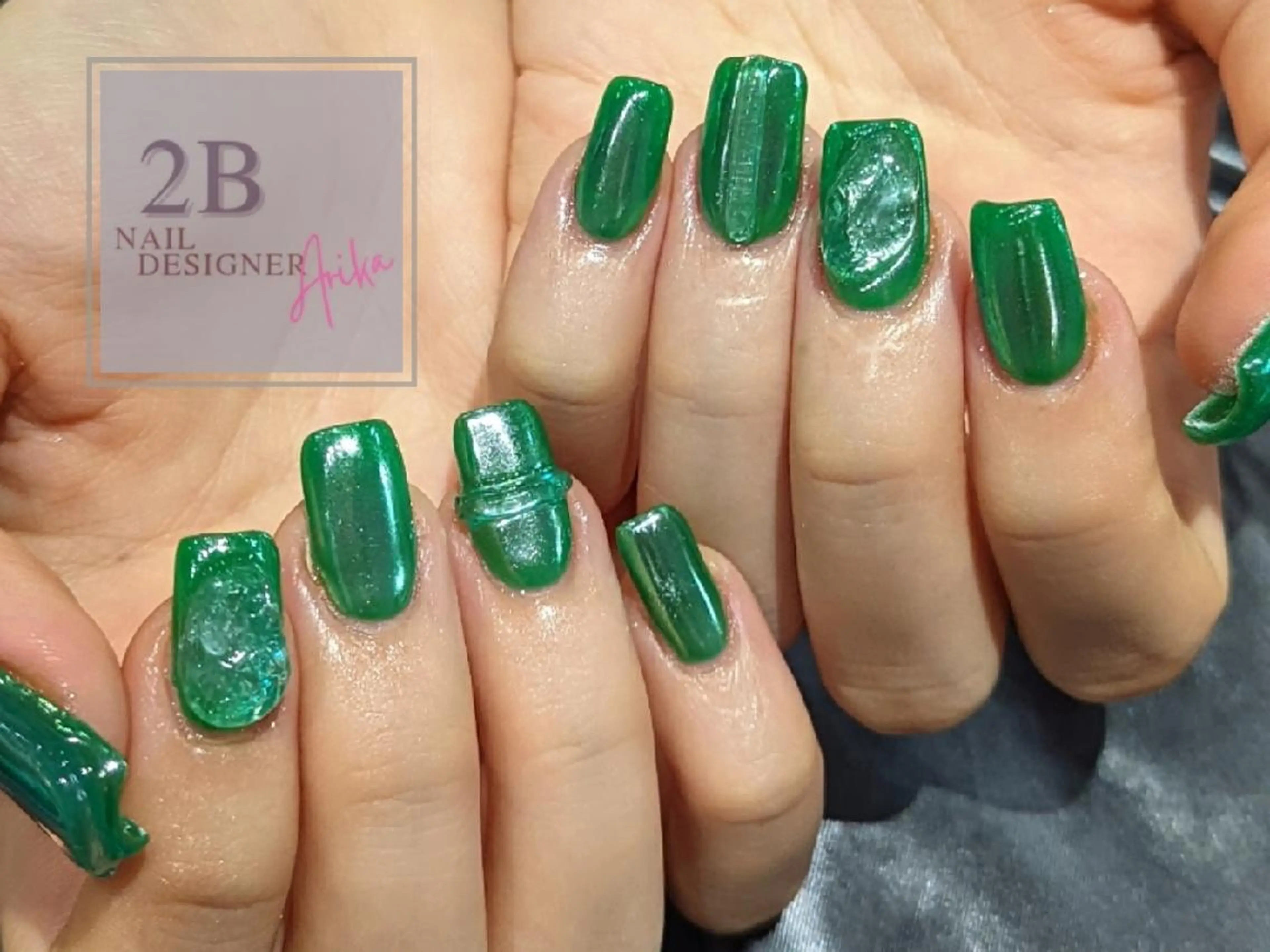 ネイル アートネイル クリアネイル グリーン ミラーネイル ショートネイル 2B__nails ニービー京都伏見区のネイルデザイン