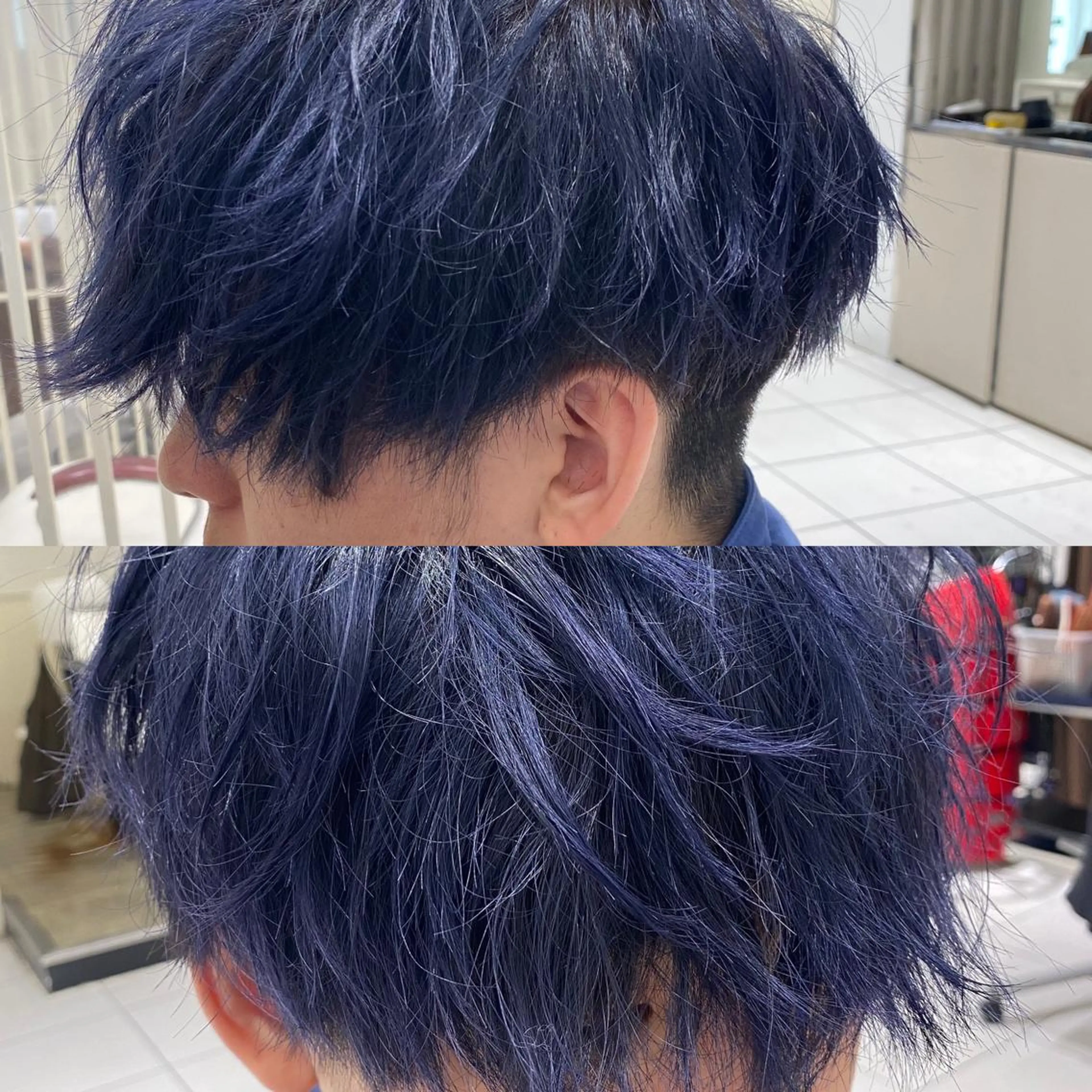 カラー 黒髪 ネイビーカラー シルバー 韓国ヘア レイヤーカットのヘアスタイル