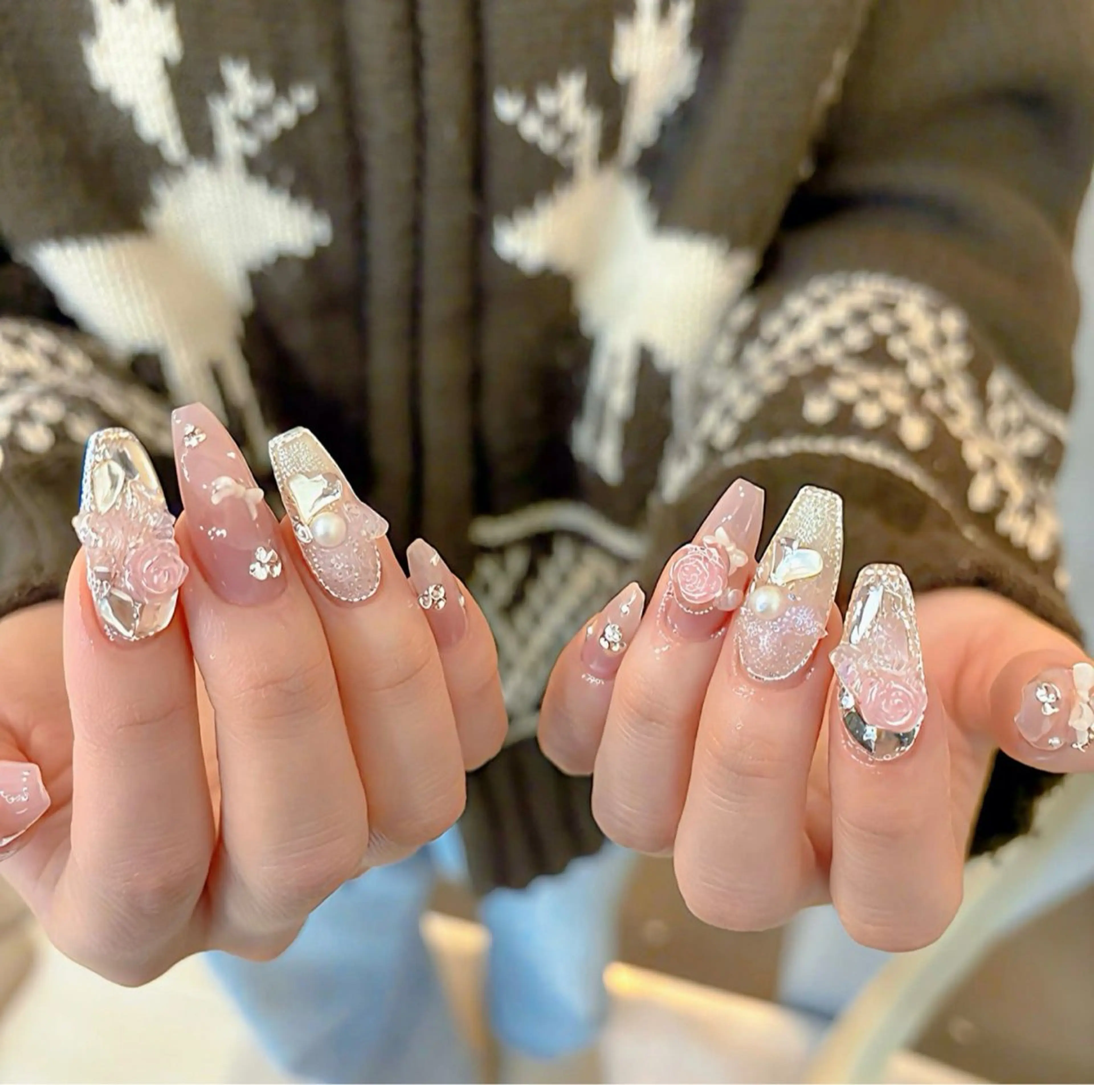 ネイル 長さ出し フレンチネイル 韓国ネイル レース マグネットネイル ハンドネイル 波 なみのネイルデザイン