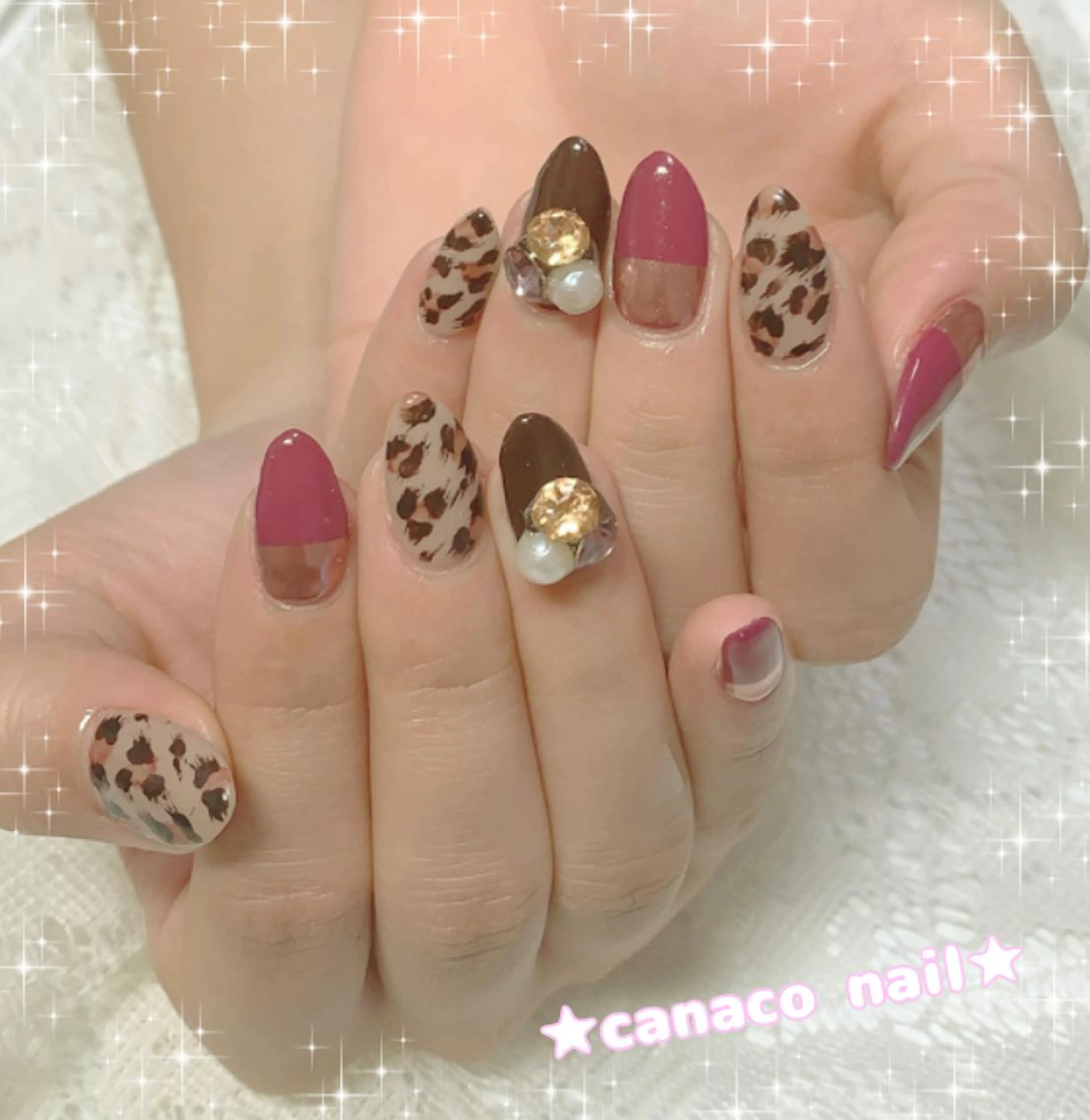 ネイル アニマル柄 ミラーネイル ピンク ストーンネイル ハンドネイル ハンドケア Felice所属・ベテランネイル cnc  nailのネイルデザイン