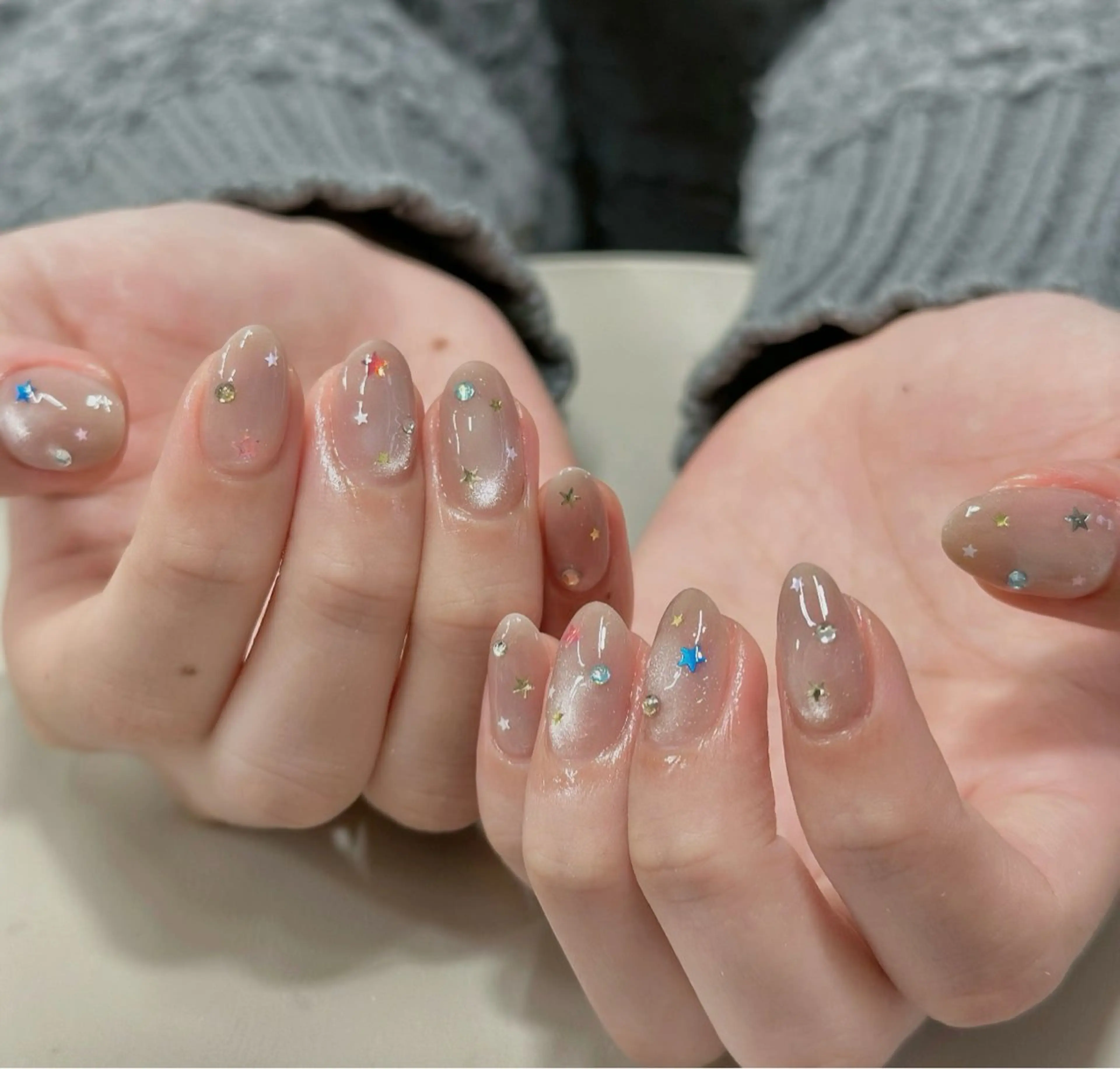 ネイル オーロラネイル ブルー チークネイル 長さ出し フットネイル ハンドネイル JIN 168 新大久保のネイルデザイン