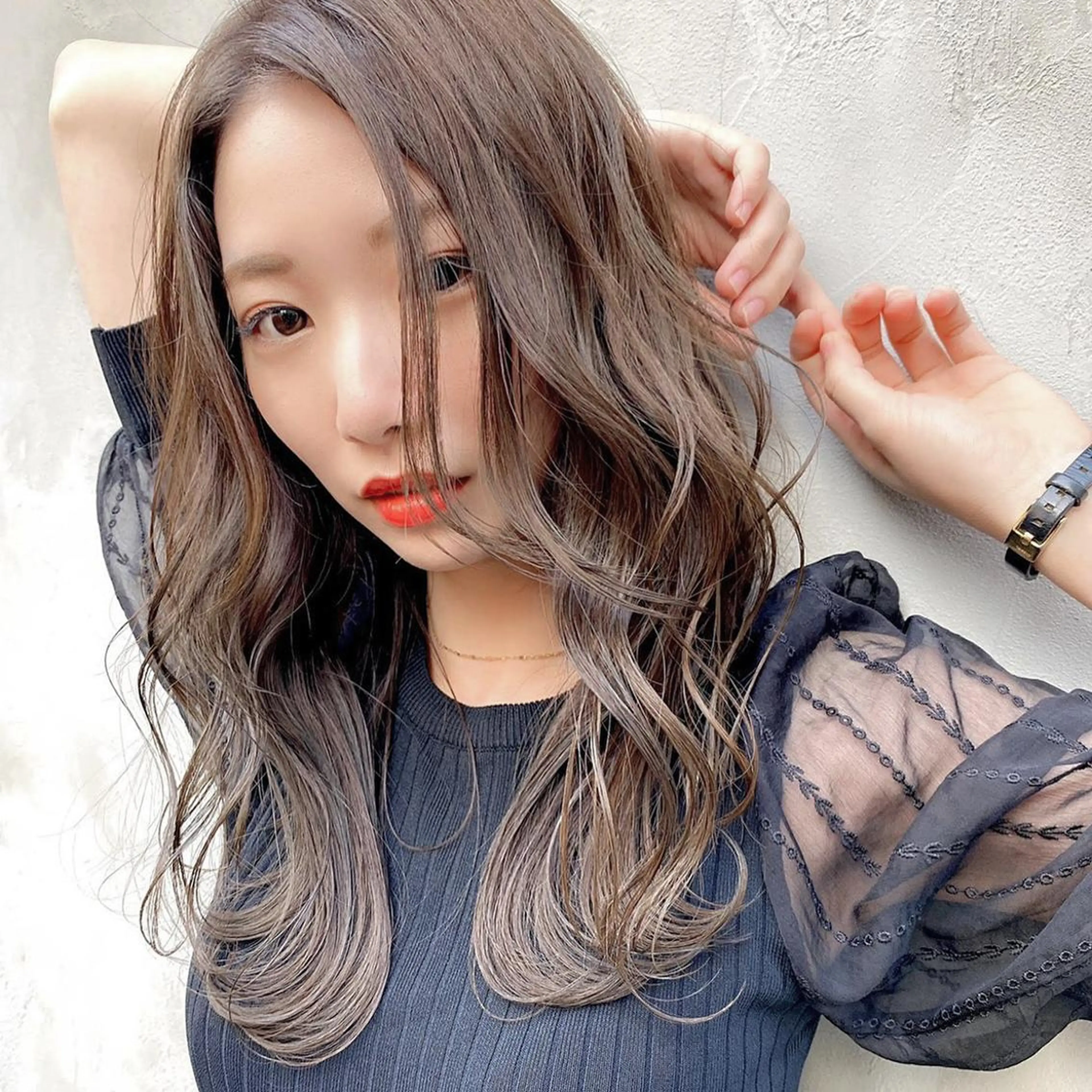 ロング カラー ベージュカラー ブリーチ ミルクティーベージュ ブリーチなしカラー カット ヘアカラー トリートメント 韓国レイヤー/ミルク ティー🟤高橋　暖のヘアスタイル