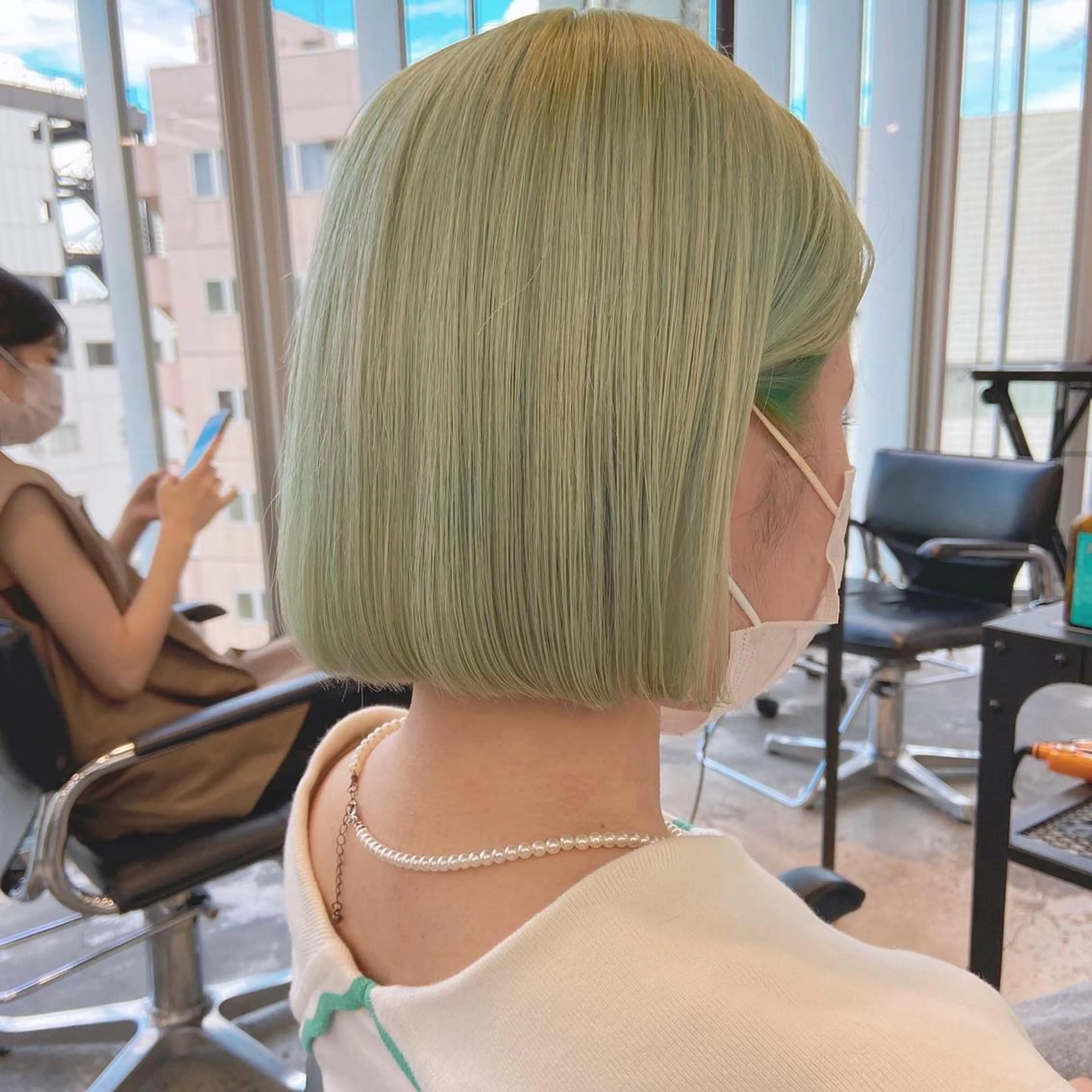 セミロング カラー ヘアアレンジ ハイトーンカラー ミント ミントグリーン レイヤーカット指名 No.1💖マユカのヘアスタイル