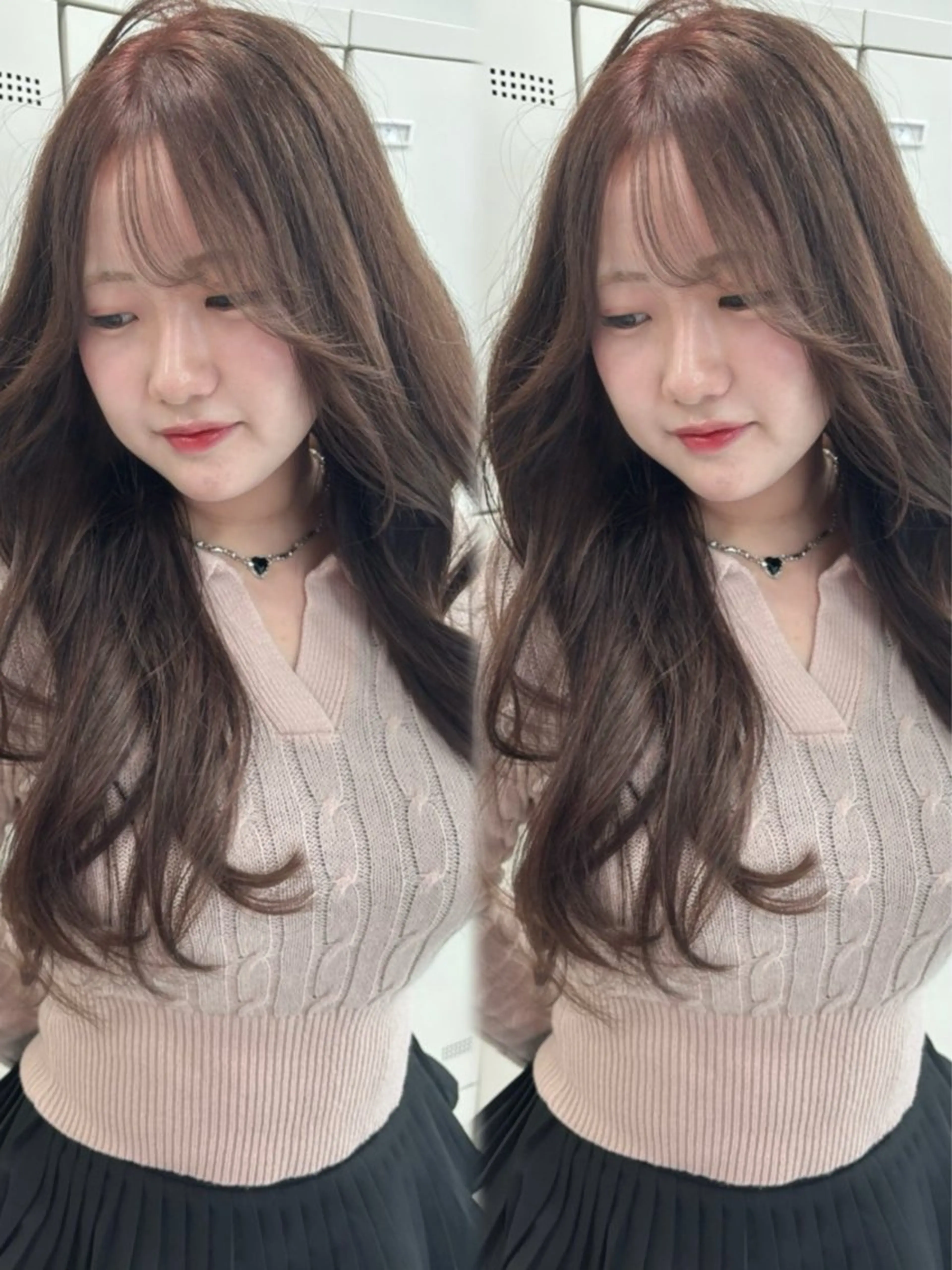 ロング ヘアカラー トリートメント ヘアセット 韓国ヘア/ブリーチ無 しWカラー/オリーブのヘアスタイル