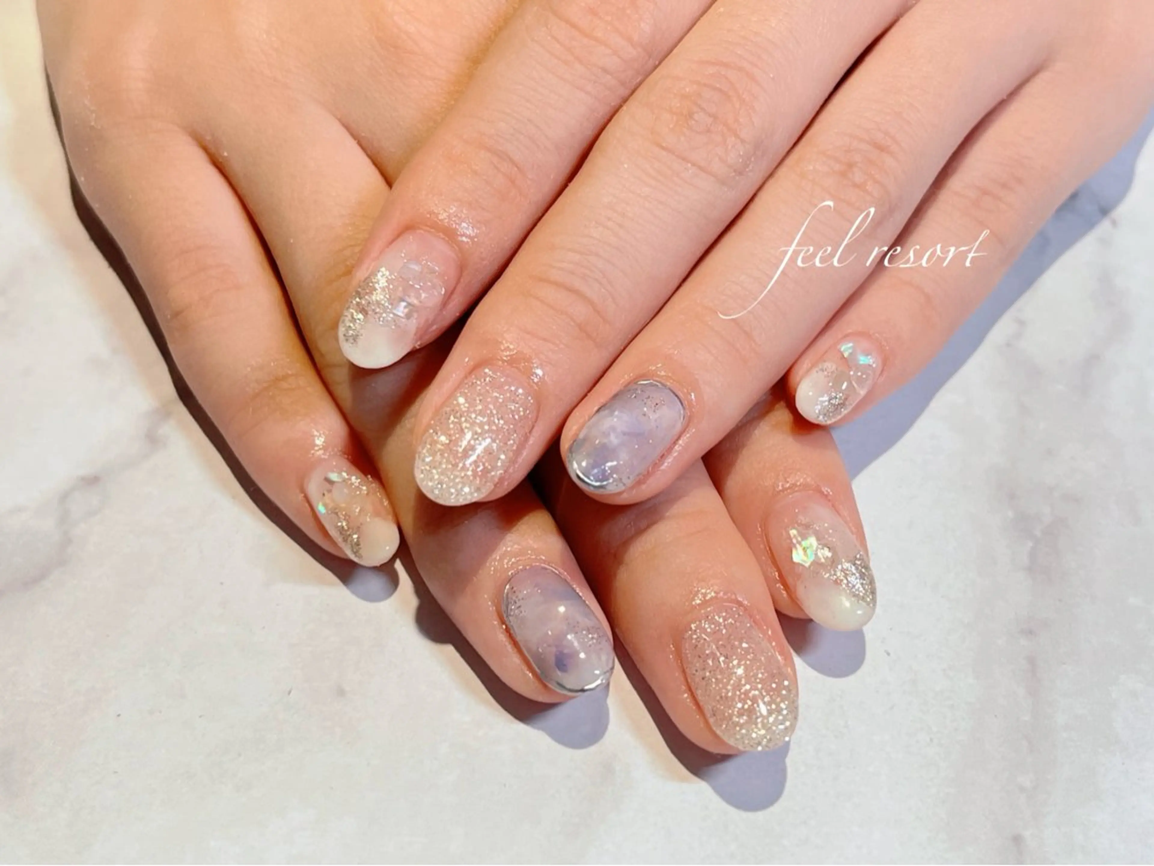 ネイル 長さ出し フットネイル フレンチネイル ジェルネイル ガラスフレンチ ハンドネイル Lien(リアン) 銀座駅6分のネイルデザイン