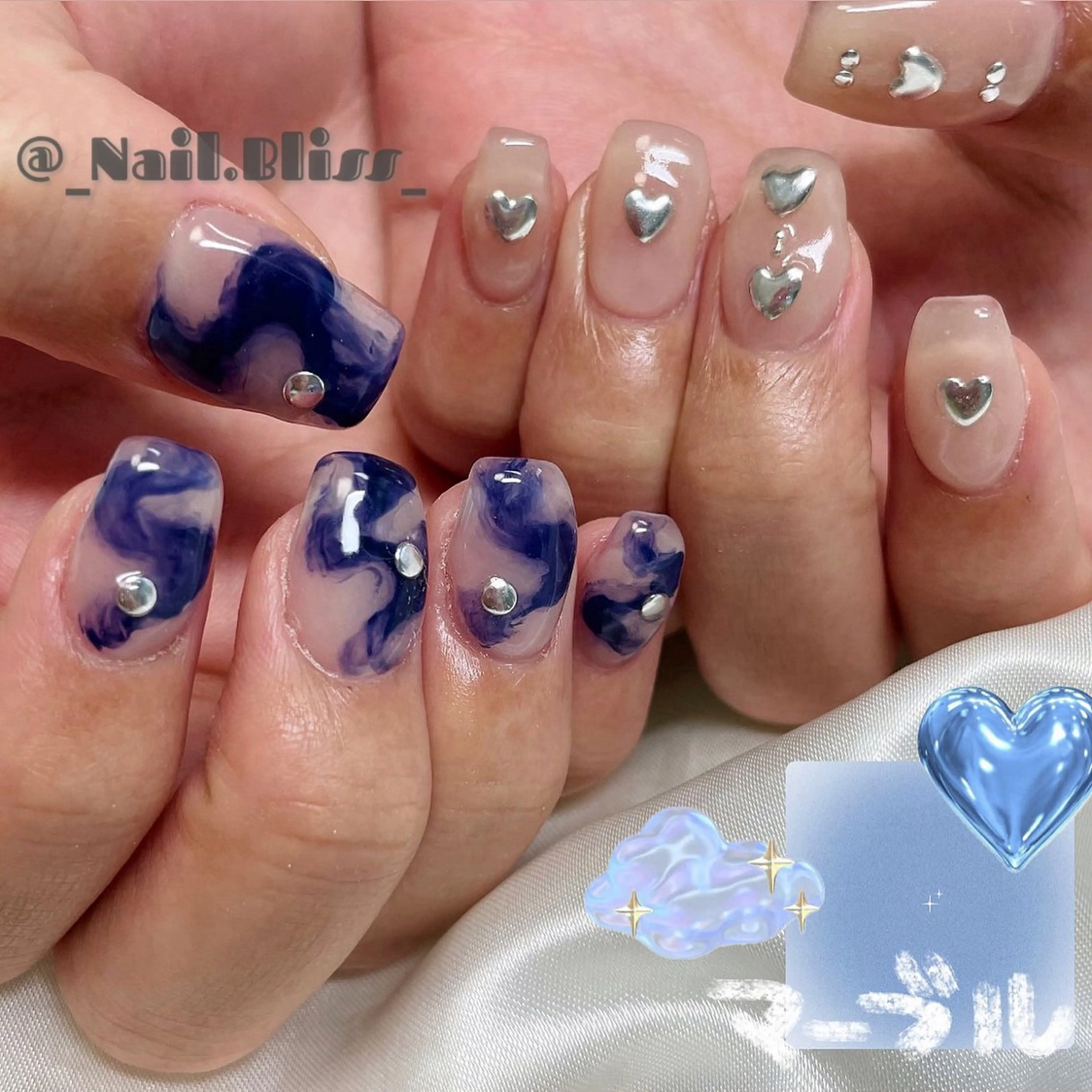 ネイル ハート 大理石ネイル(マーブル) ネイビー ハンドネイル NAIL BLISSのネイルデザイン