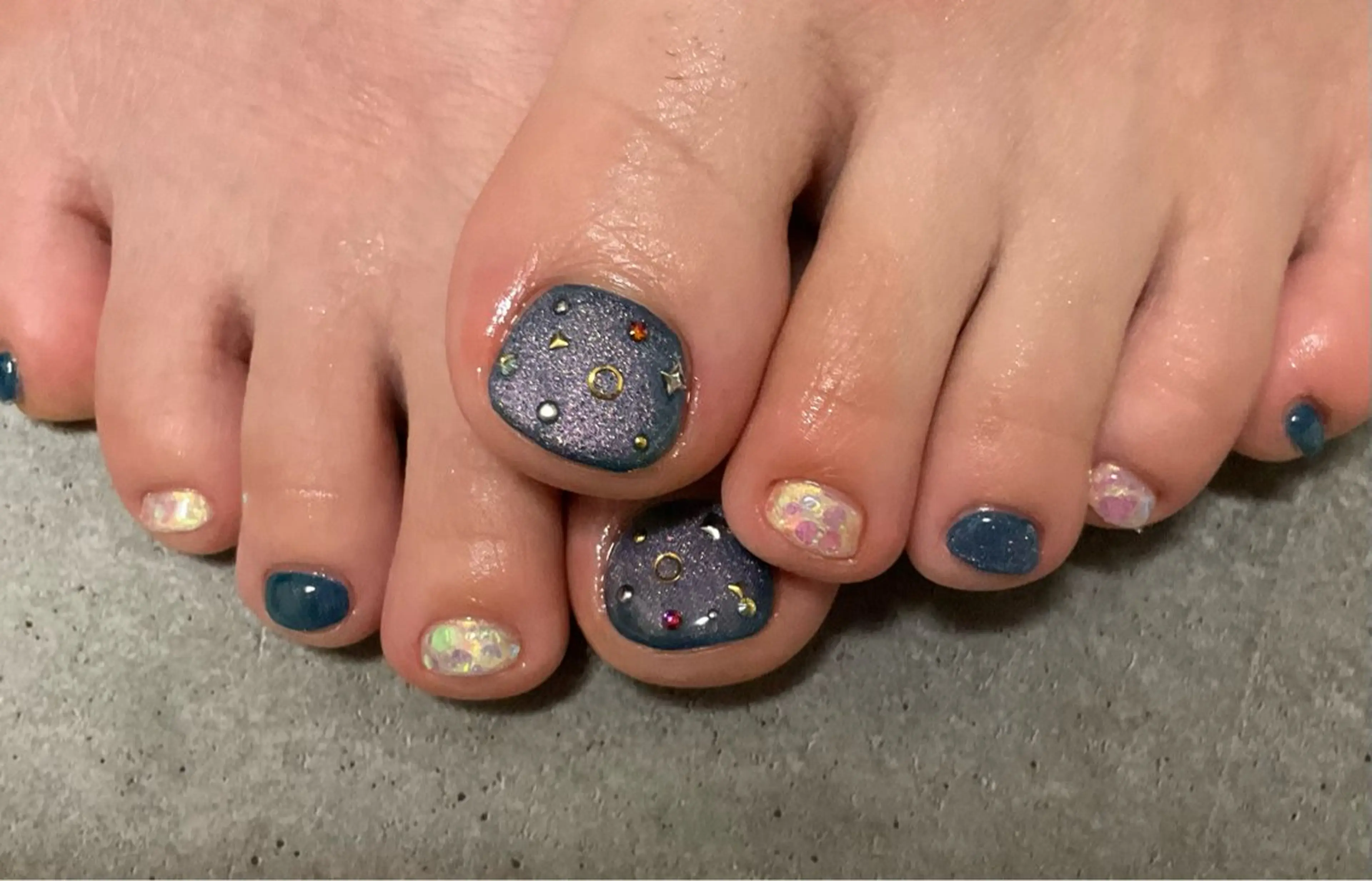 ネイル ブルー グリーン オレンジ ストーンネイル フットネイル Sorei所属・ キムラのネイルデザイン