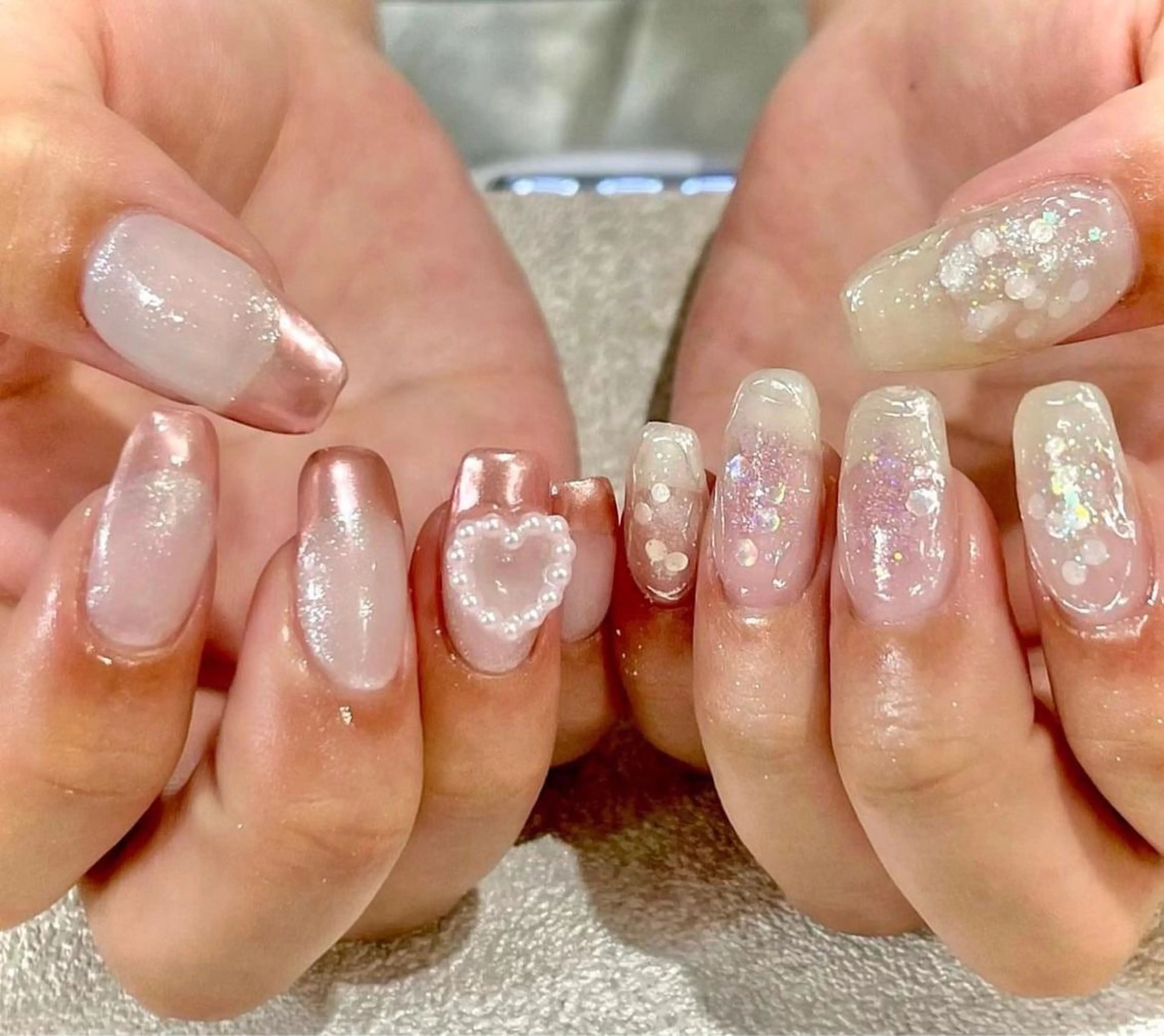 ネイル フレンチネイル ハート キラキラネイル 韓国ネイル ミラーネイル ハンドネイル Salon Ｋのネイルデザイン
