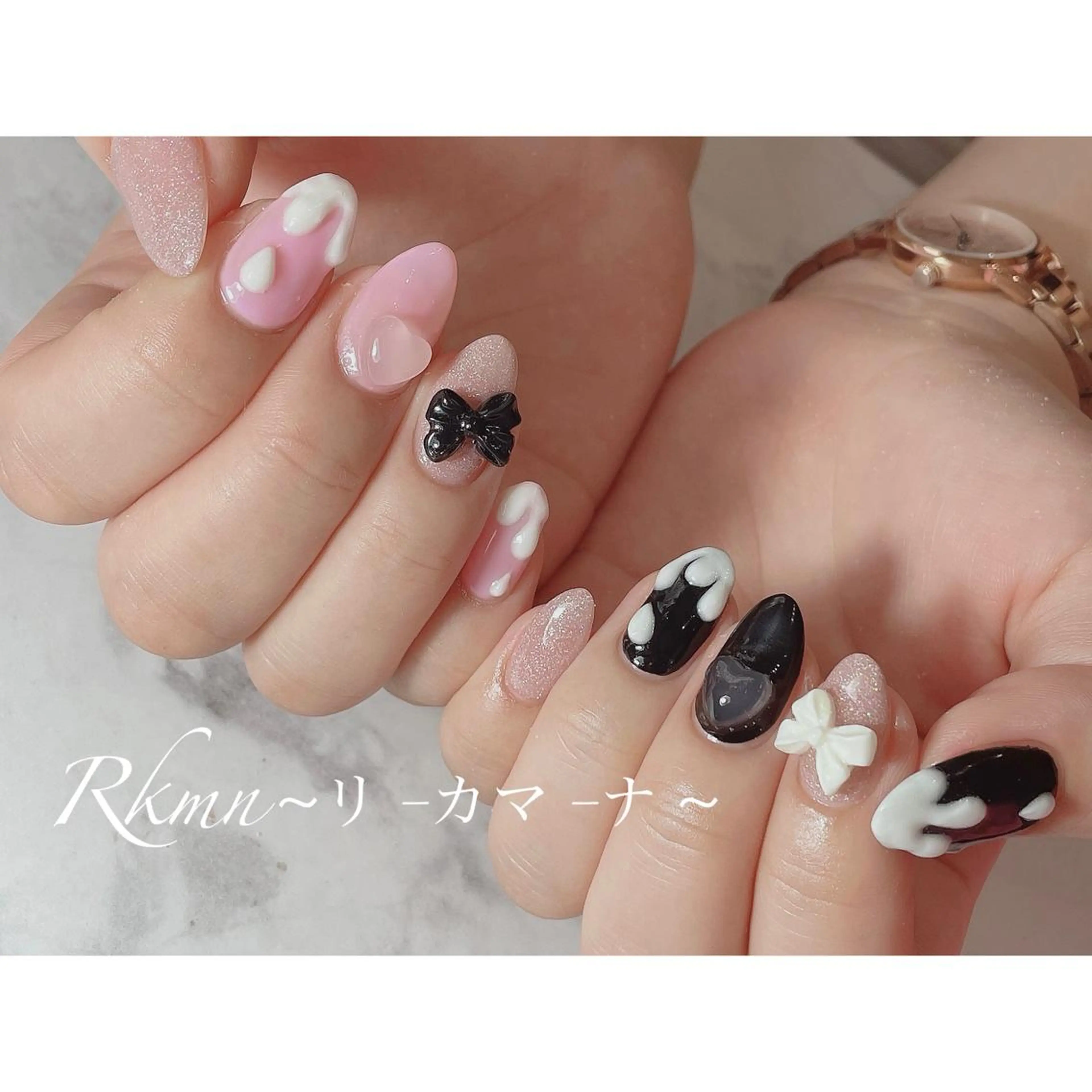 ネイル アートネイル ハート ピンク ぷっくりネイル リボン ハンドネイル フットネイル ハンドケア Rkmn ~リ-カマ-ナ~のネイルデザイン