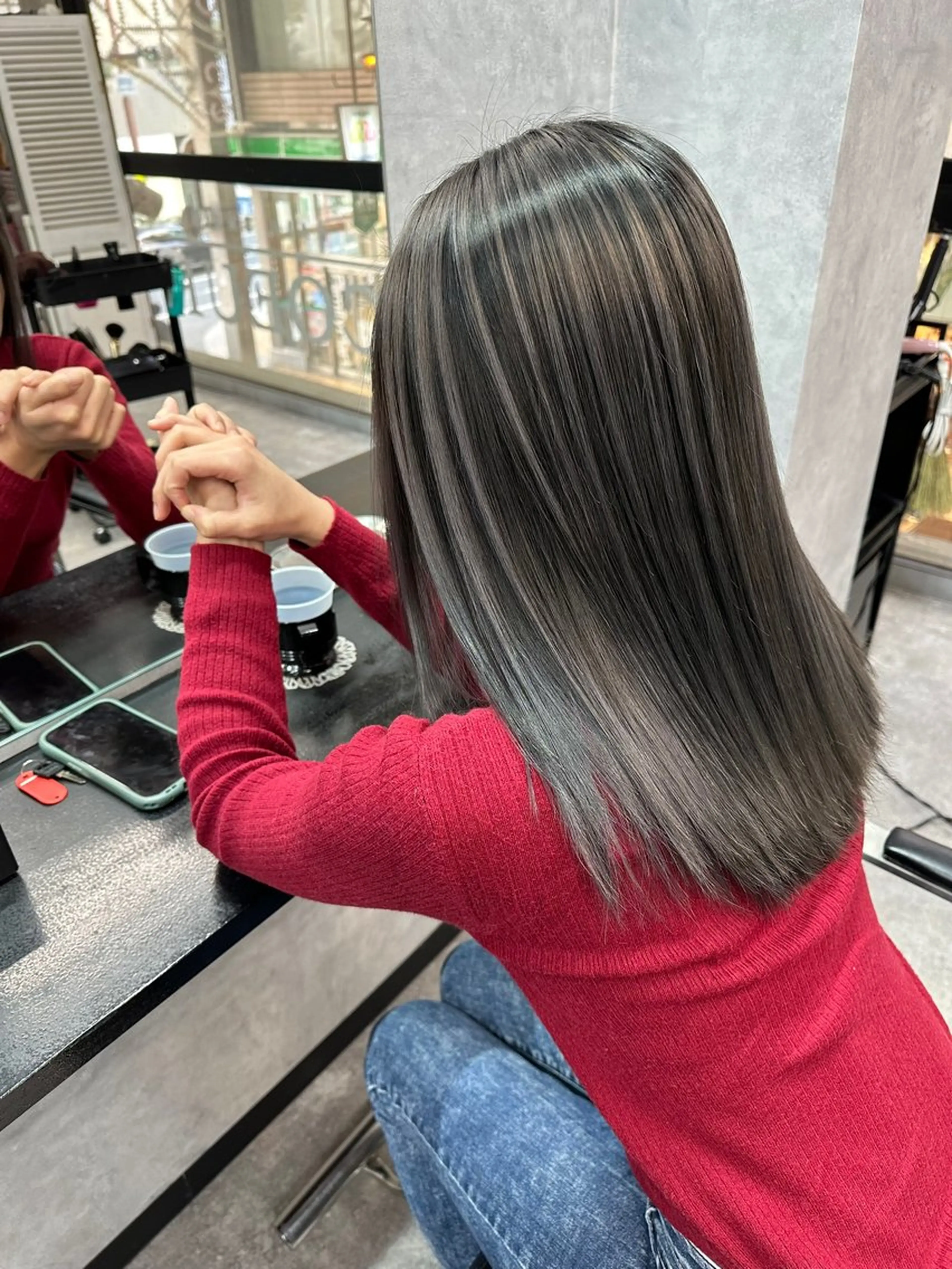 セミロング セミロングパーマ ミストバング ハイライト 髪質改善 ヨシンモリ HAIR SMILE COEURのヘアスタイル