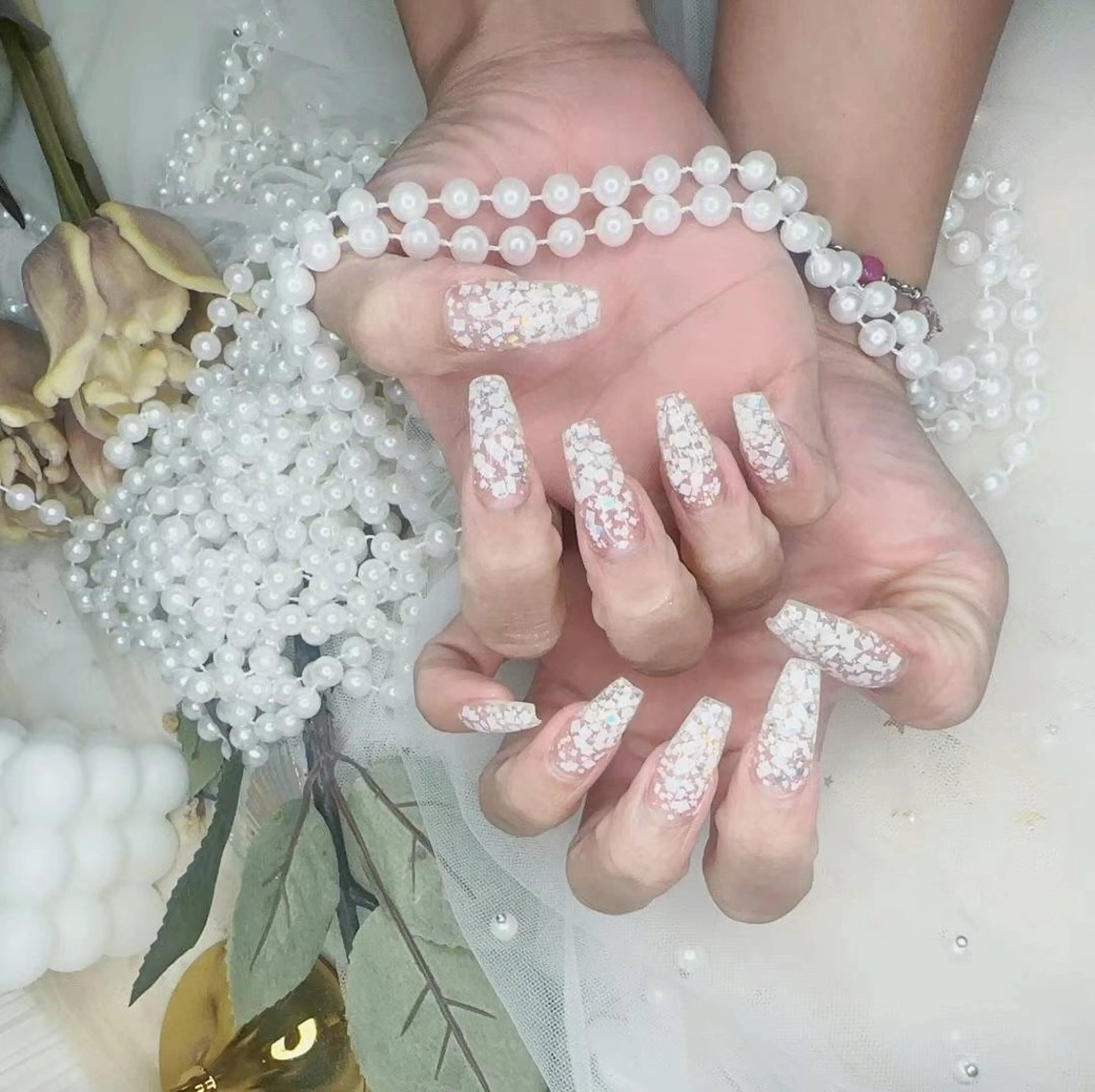 ネイル クリアネイル ラメ(グリッター) ホワイト Babarla Nailのネイルデザイン