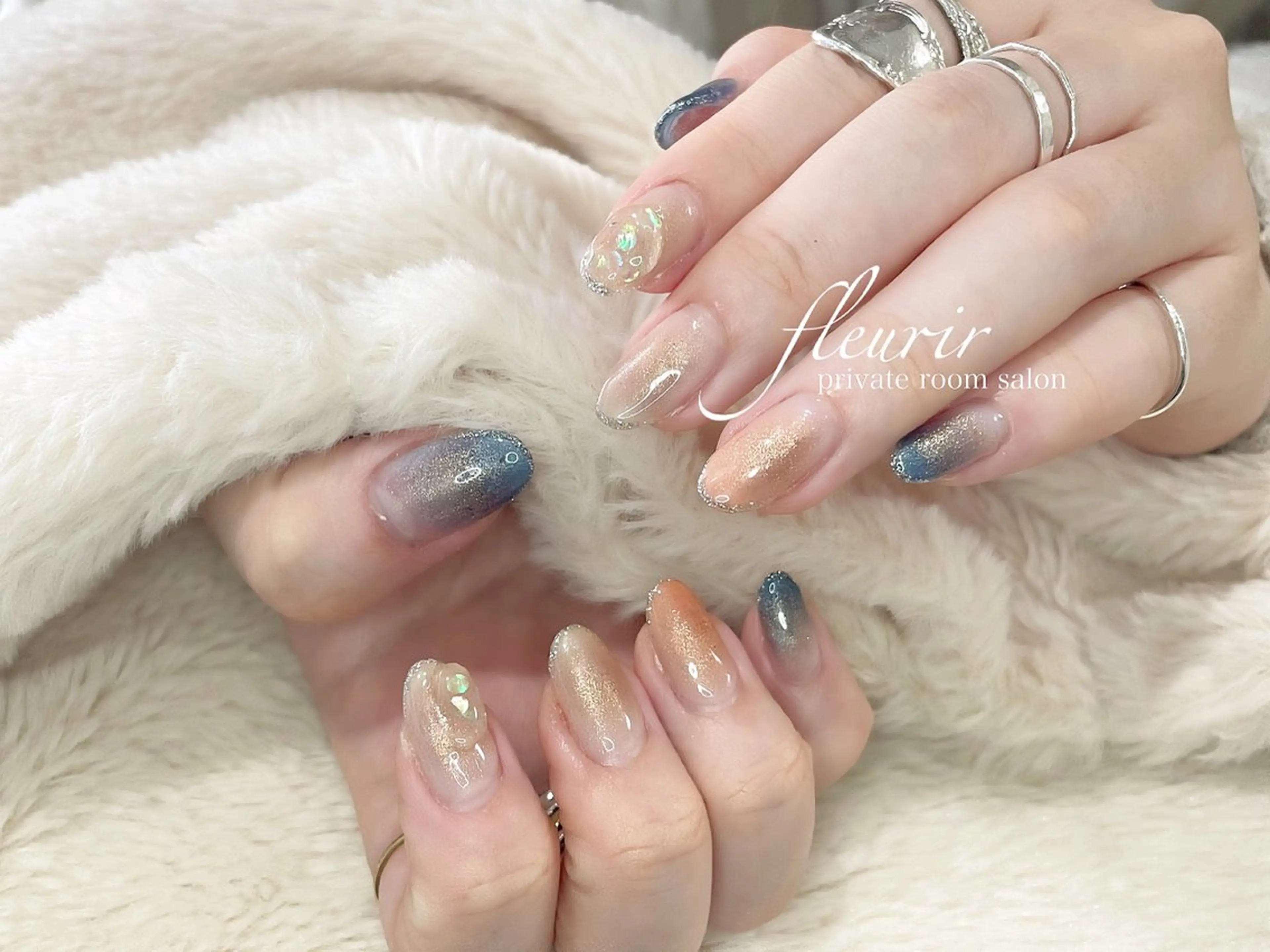 ネイル ブルー ピンク フルリール 【プライベートサロンのネイルデザイン