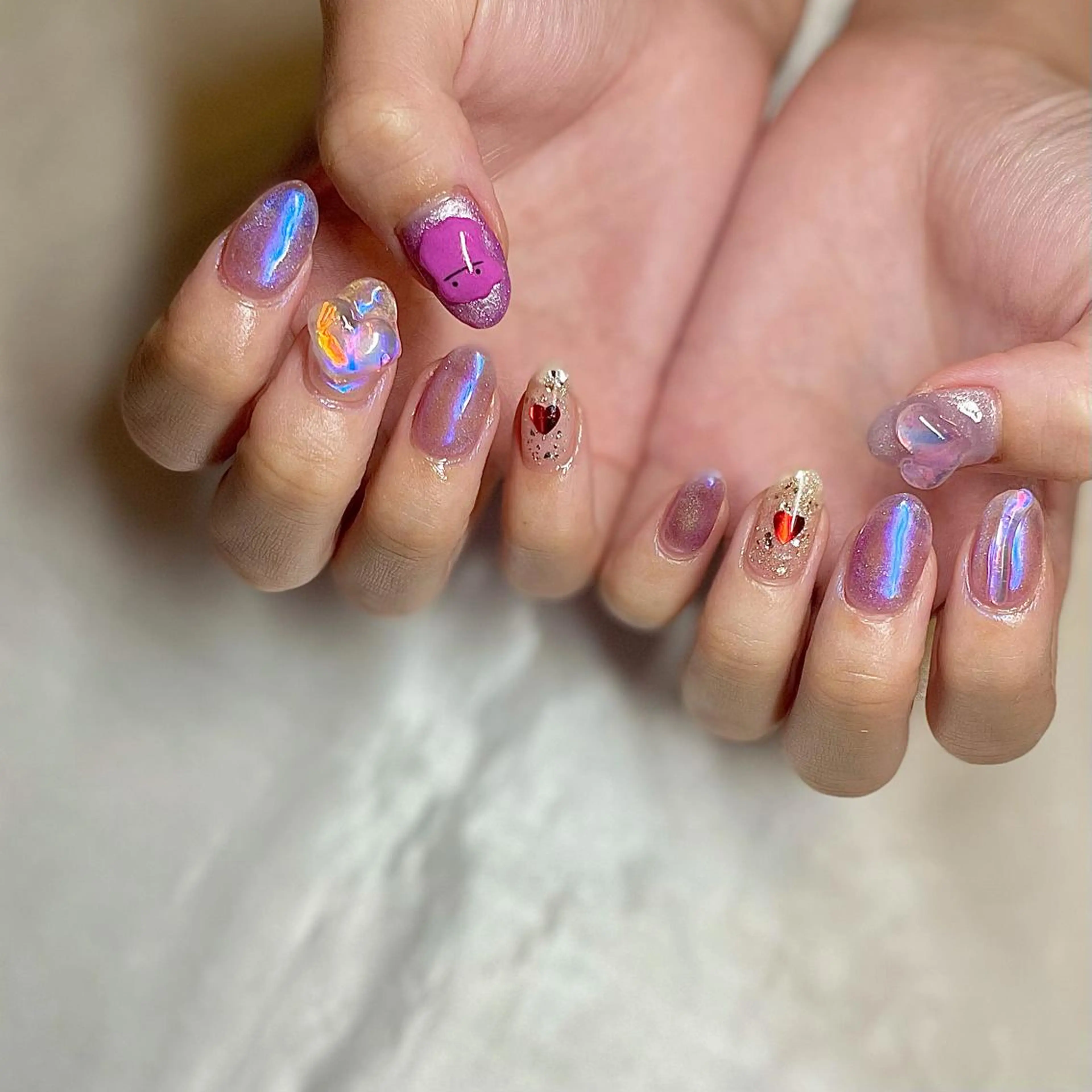 ミディアム カラー パーマ ヘアアレンジ メンズ キッズ ネイル マツエク・マツパ オーロラネイル ハート ハンドネイル ハンドケア nail&eye Aoのマツエク・マツパデザイン