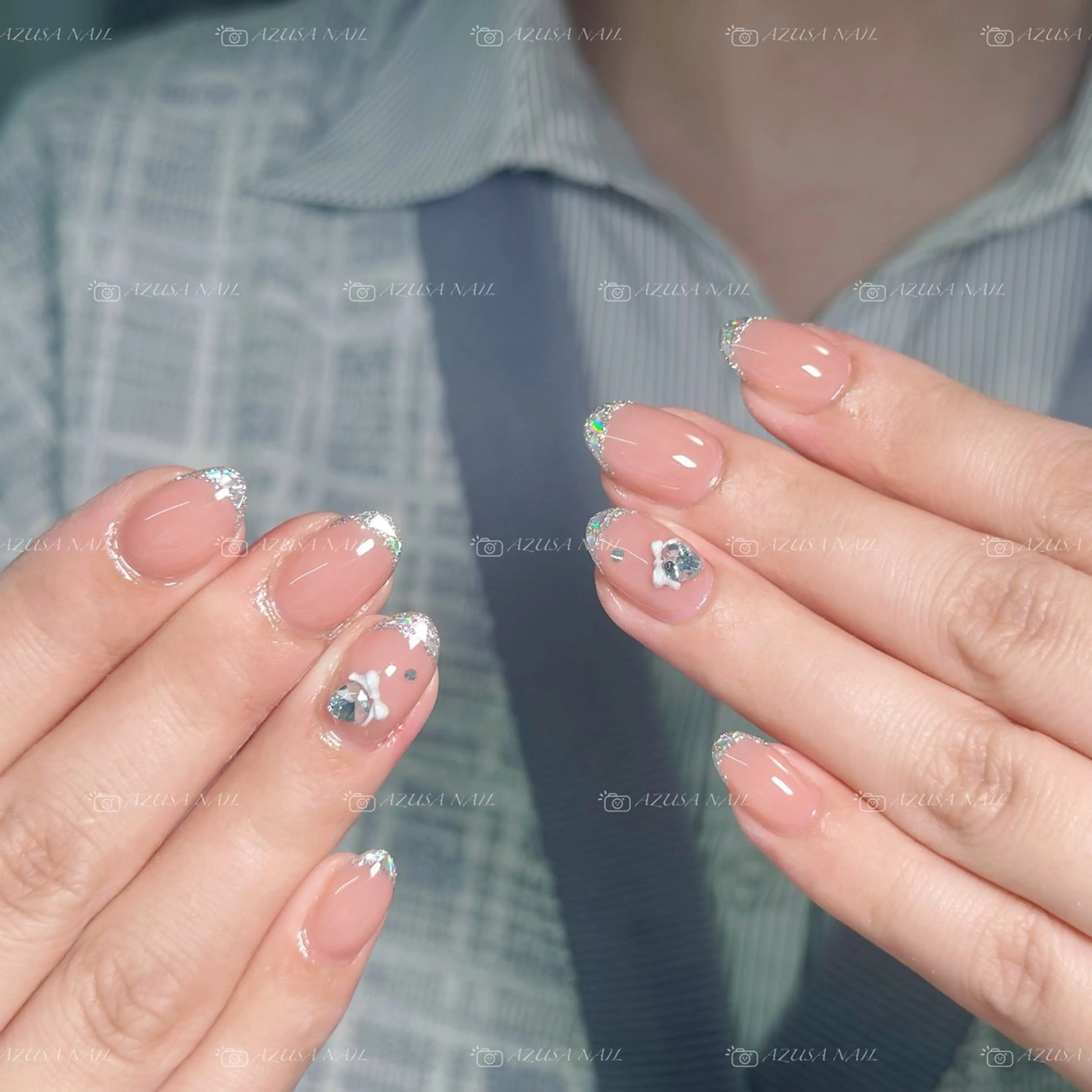 ネイル フラッシュネイル フレンチネイル ガラスフレンチ ハート キラキラネイル ハンドネイル 🧸自宅ネイル あずさのネイルデザイン