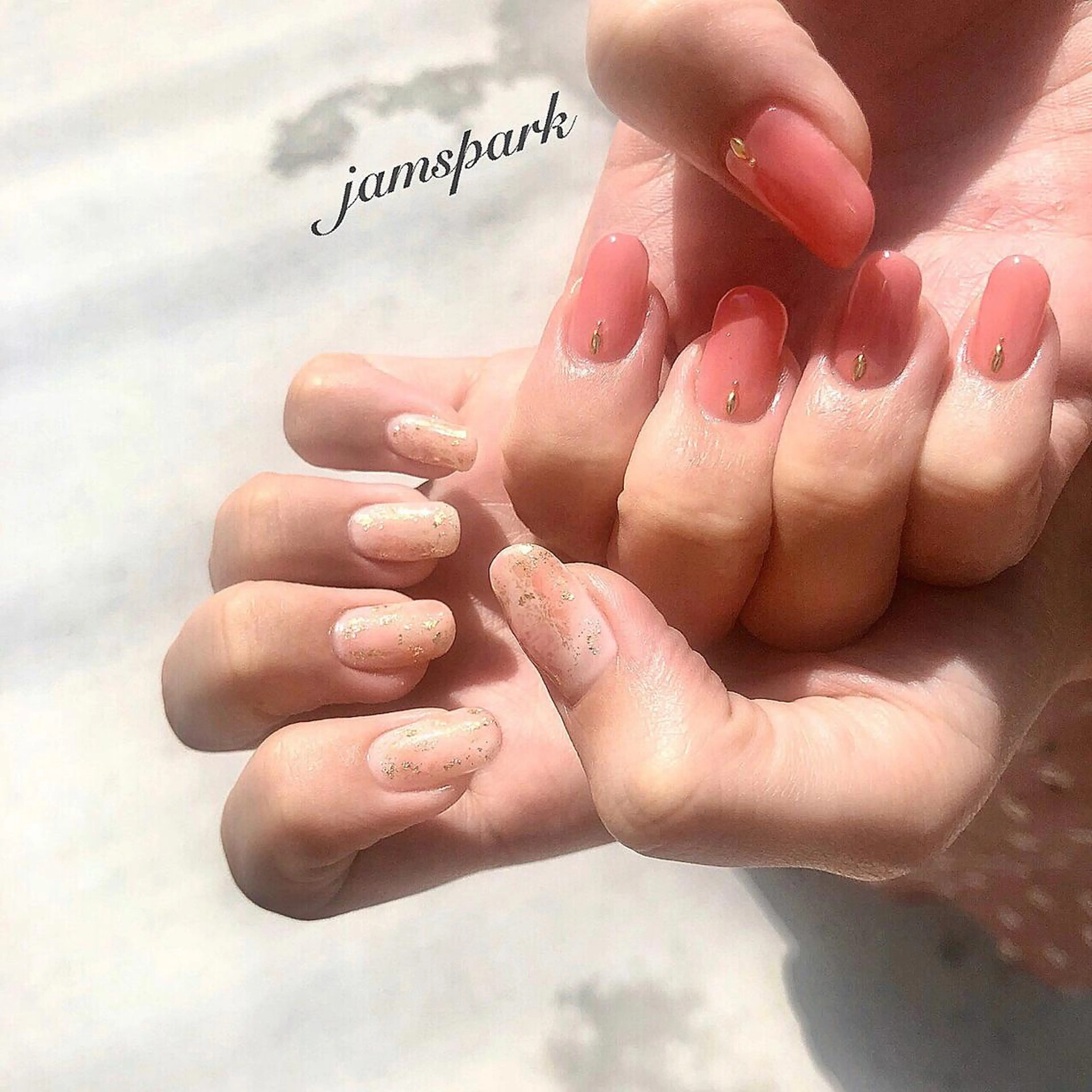 ネイル ジェルネイル ニュアンスネイル オレンジ ピンク 春ネイル ハンドネイル jamspark ✨のネイルデザイン