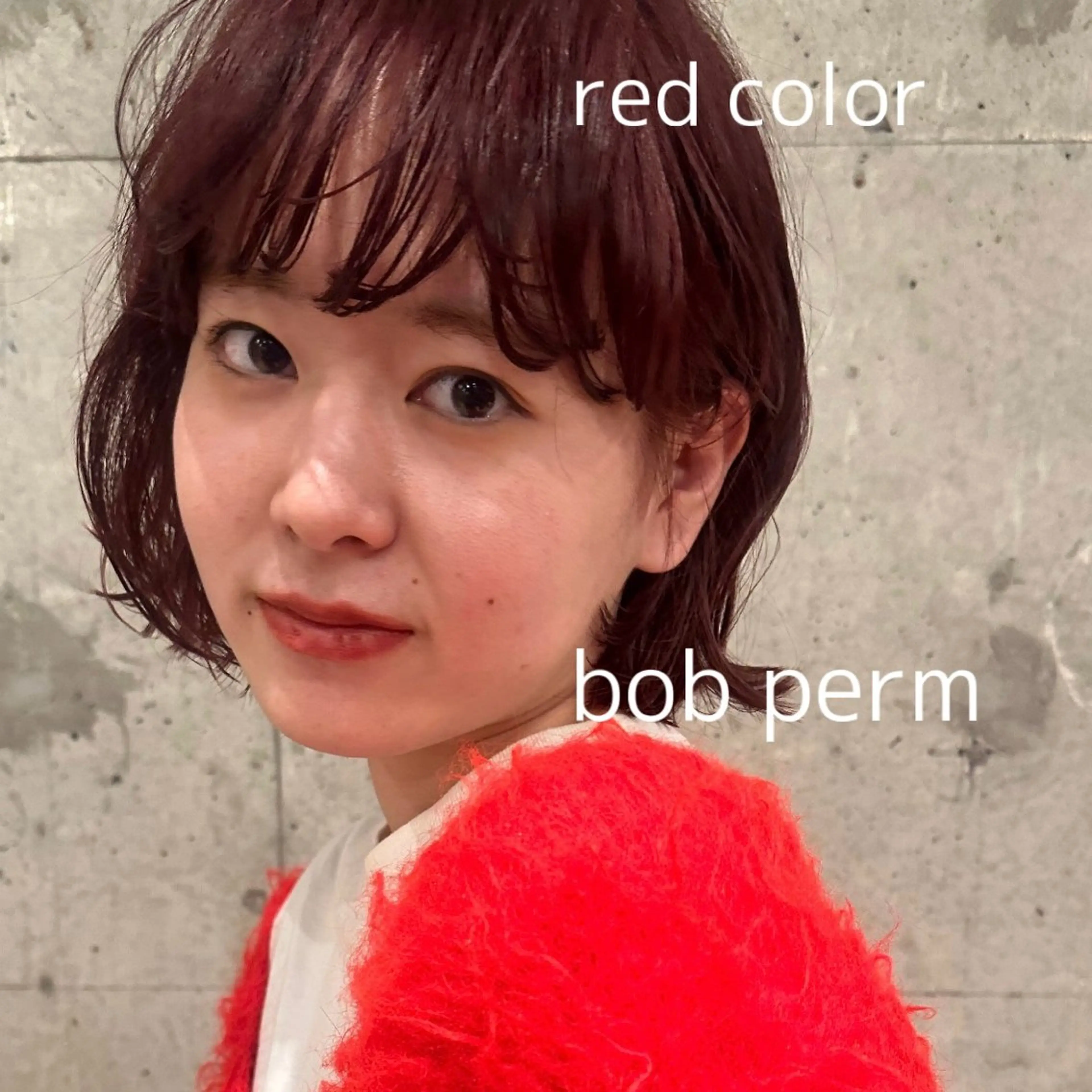 ショート カラー パーマ レッドカラー ボブ 顔まわりレイヤー レイヤーカット ボブ/レイヤー/ニュ アンスパーマ/小夏のヘアスタイル