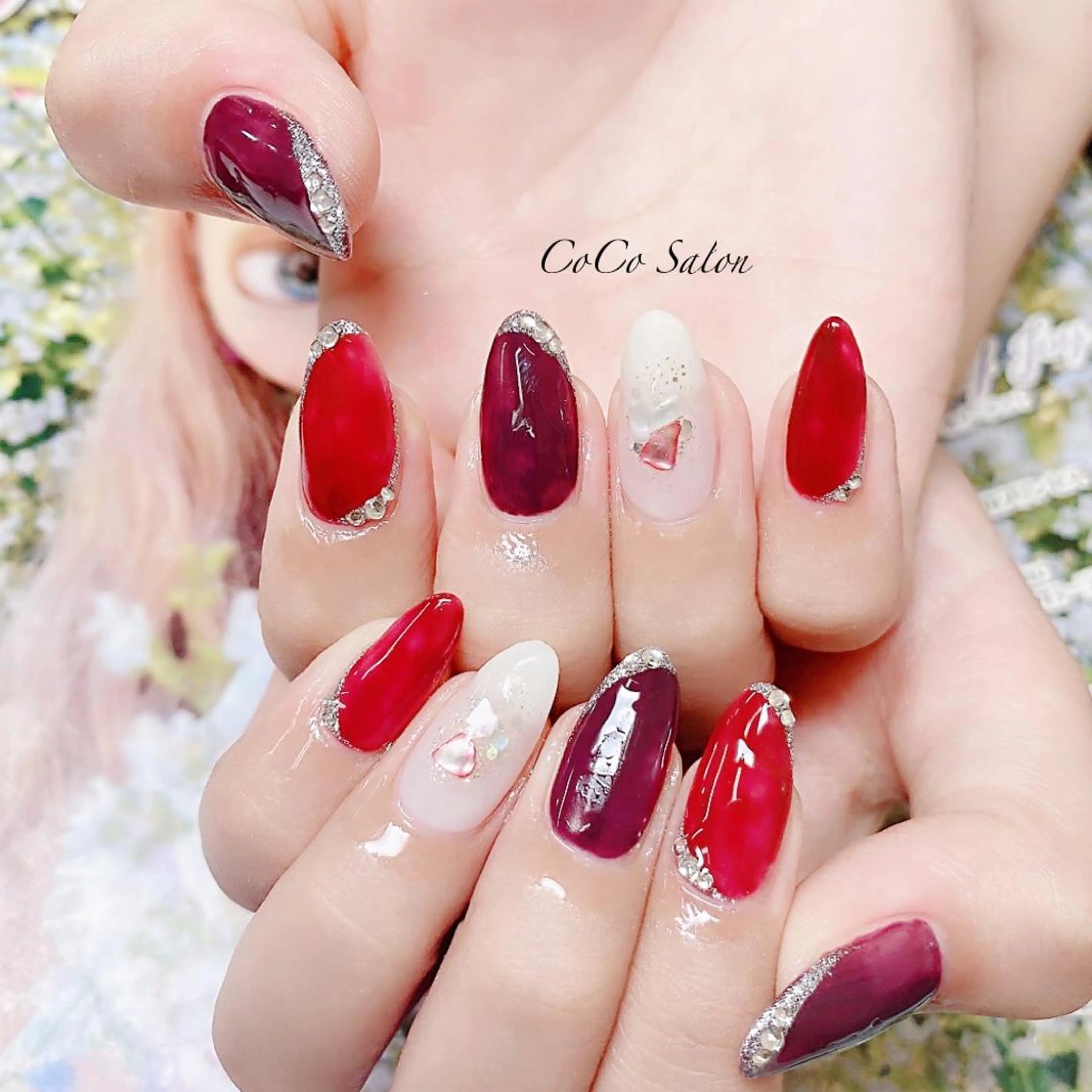 ネイル ボルドー 成人式 長さ出し フレンチネイル ジェルネイル ハンドネイル CoCoSalon ネイル/まつ毛予約のネイルデザイン