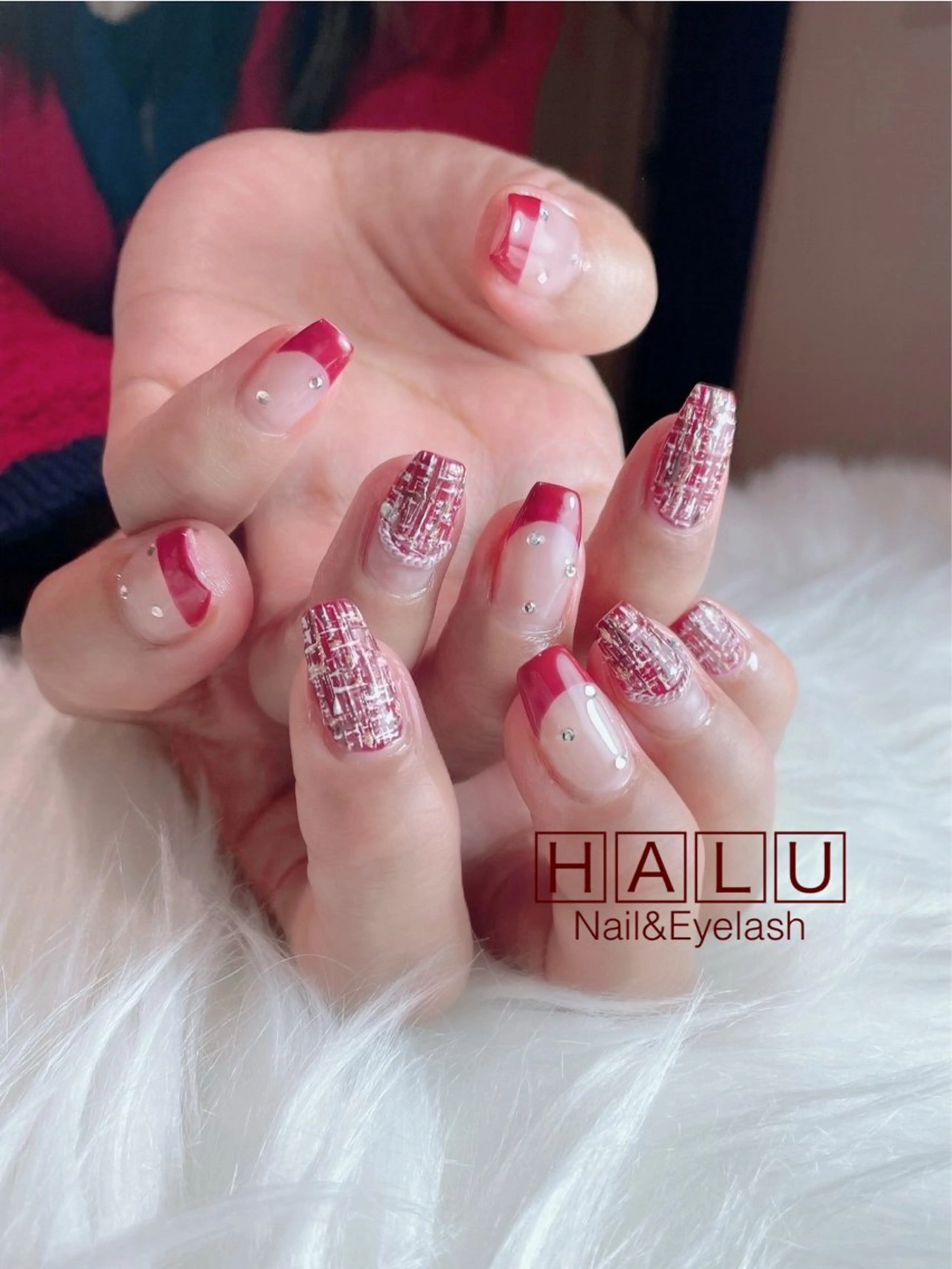 ネイル 赤色 ツイードネイル HALU ハルのネイルデザイン