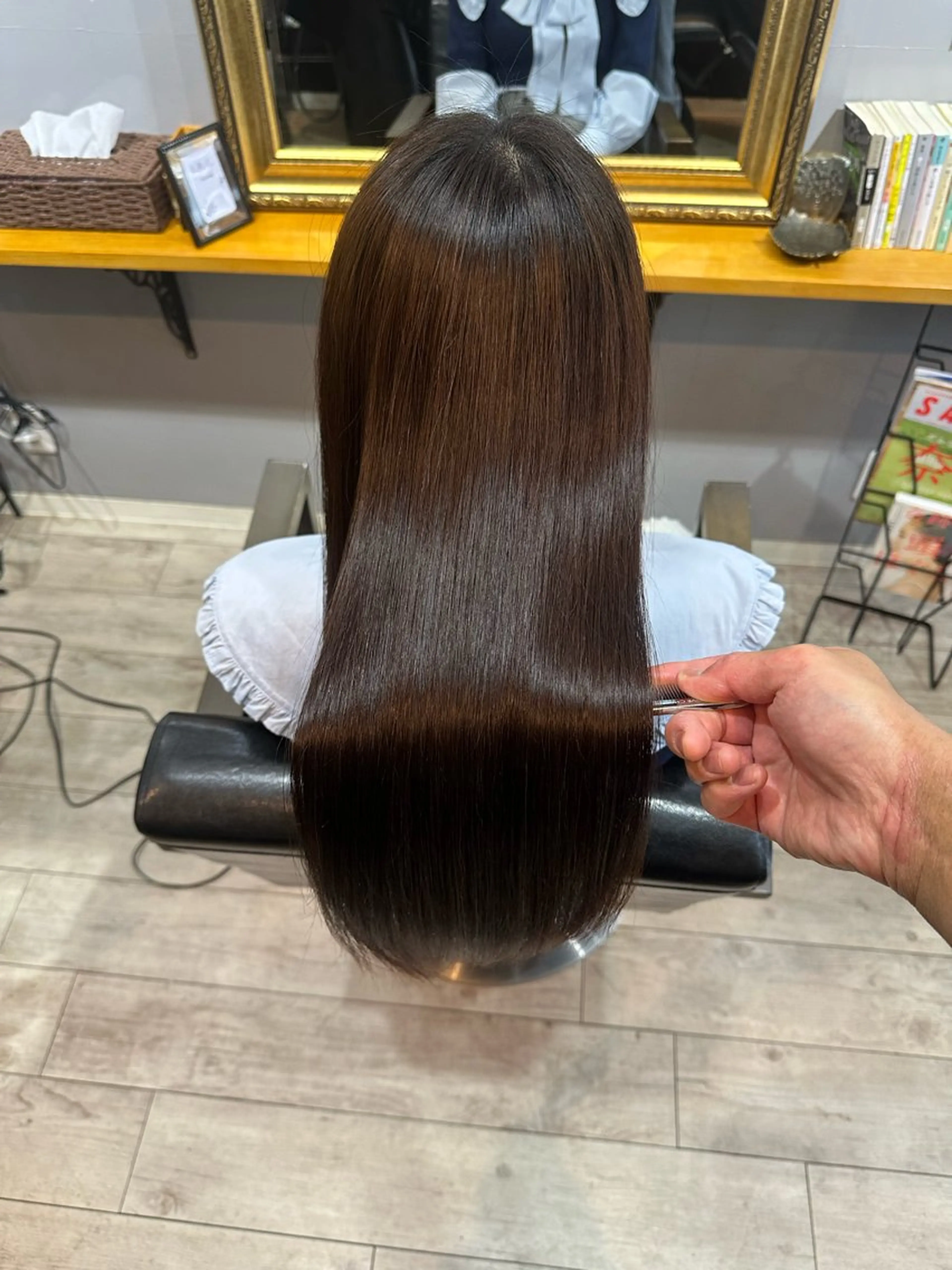 ロング パーマ カット 縮毛矯正 渡辺俊介 暗髪カラー /美髪矯正/髪質改善のヘアスタイル