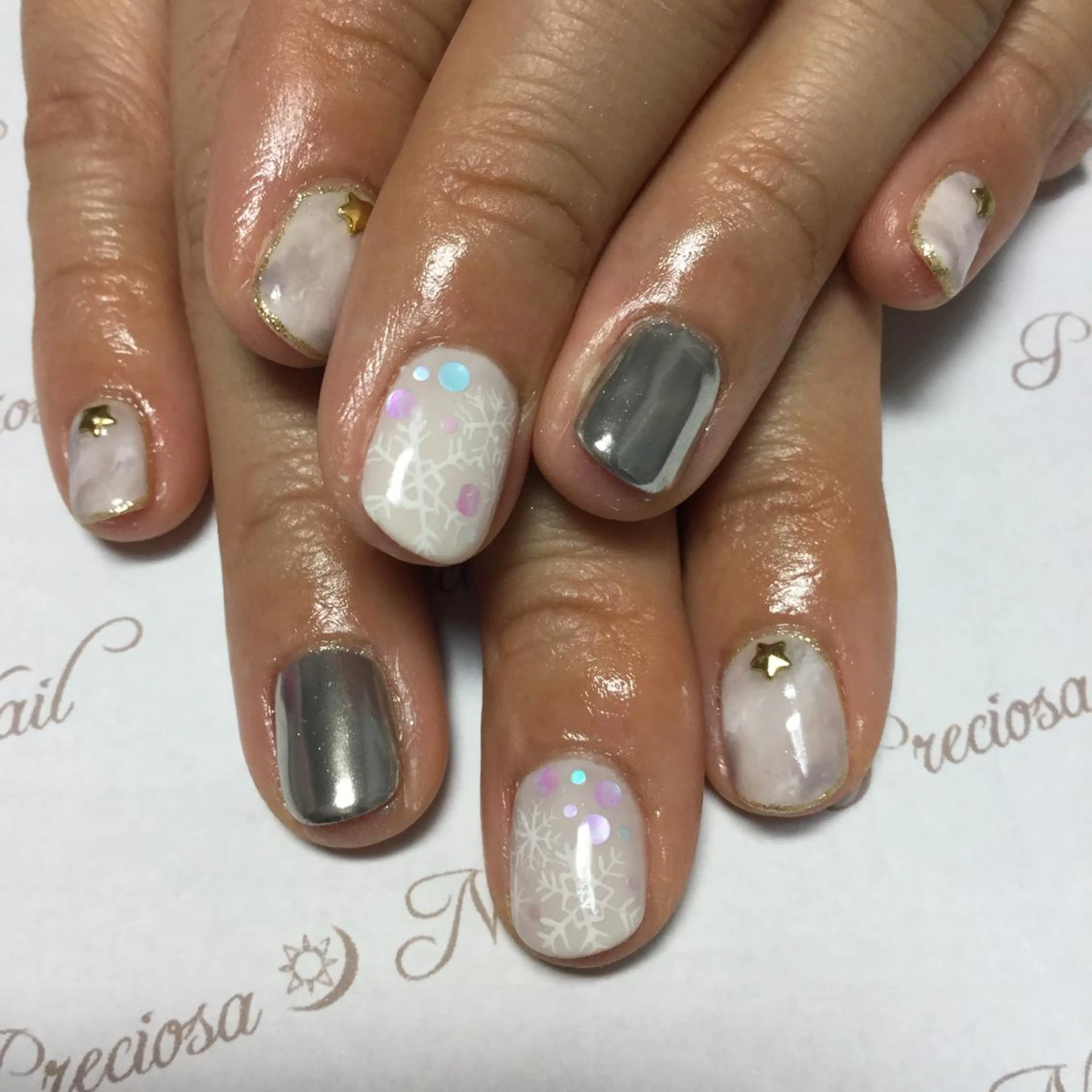ショート ネイル 大理石ネイル(マーブル) ミラーネイル preciosa.nail所属・久場 晴美のネイルデザイン