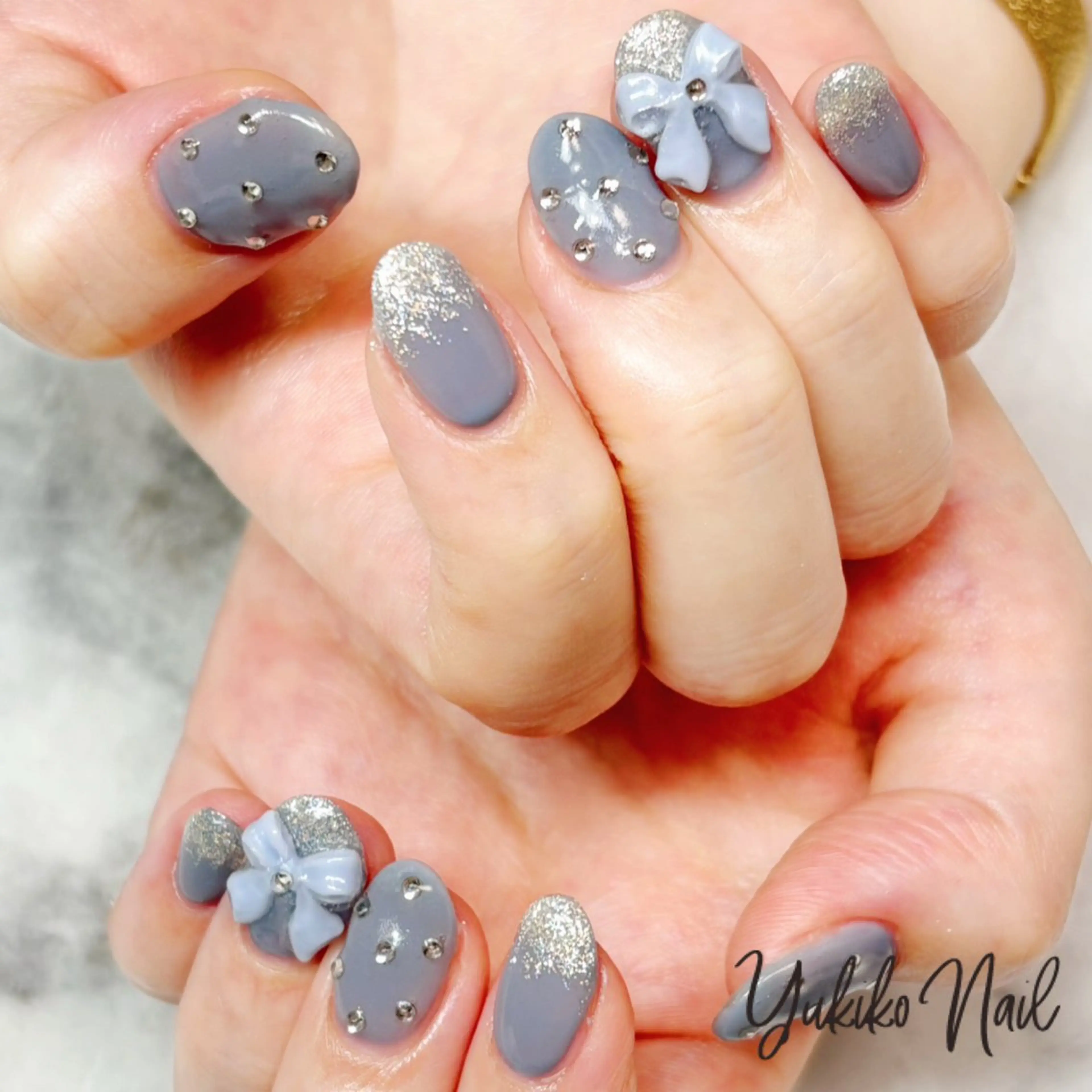 ネイル ブルー ガーリー リボン ワンホンネイル ハンドネイル ユキコ ネイルのネイルデザイン