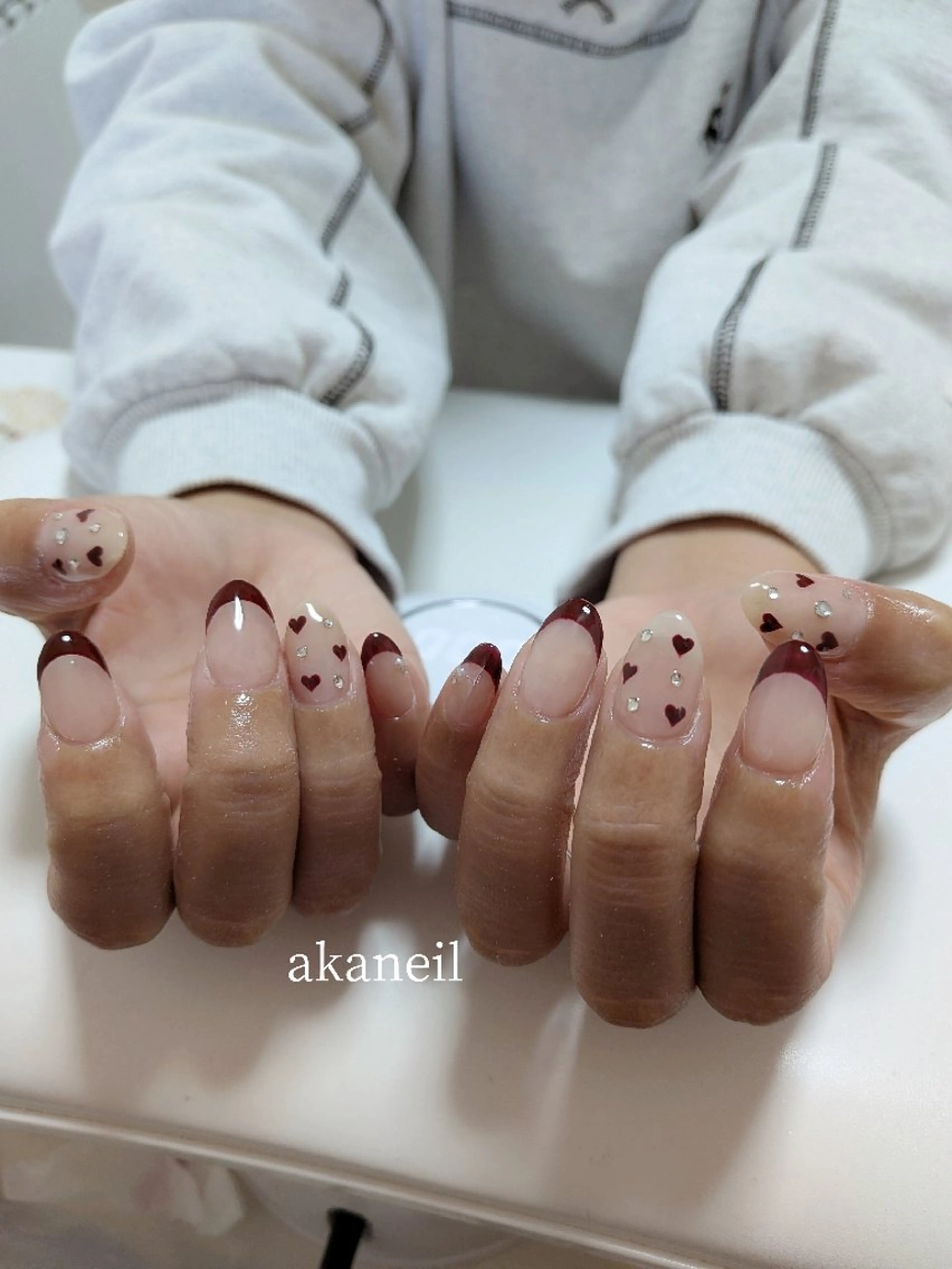 ネイル ボルドー フレンチネイル ハート 持ち込み ハンドネイル 【akaneils】 アカネのネイルデザイン
