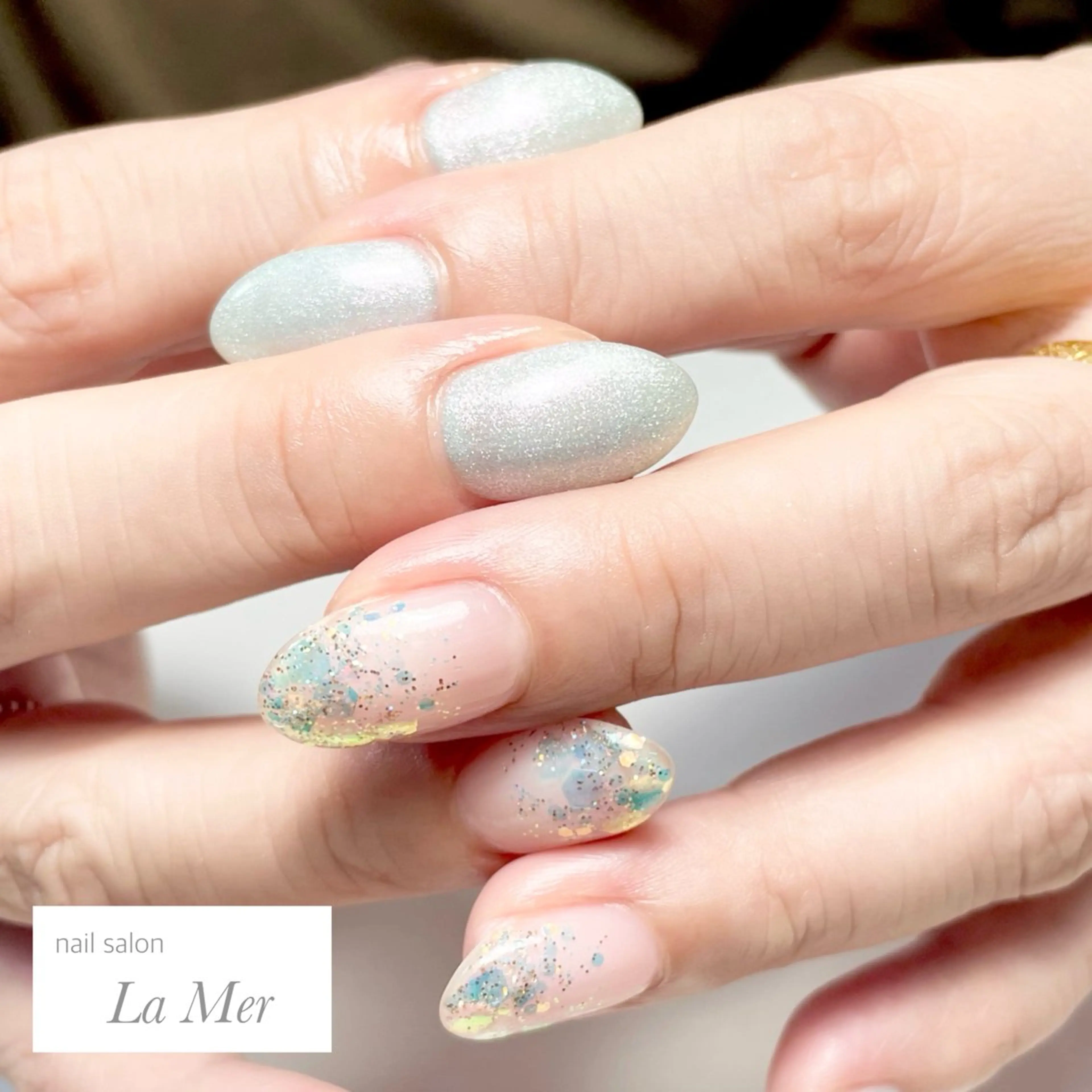 ネイル オーロラネイル ブルー ジェルネイル グラデーション グリーン ハンドネイル nailsalon La Merのネイルデザイン