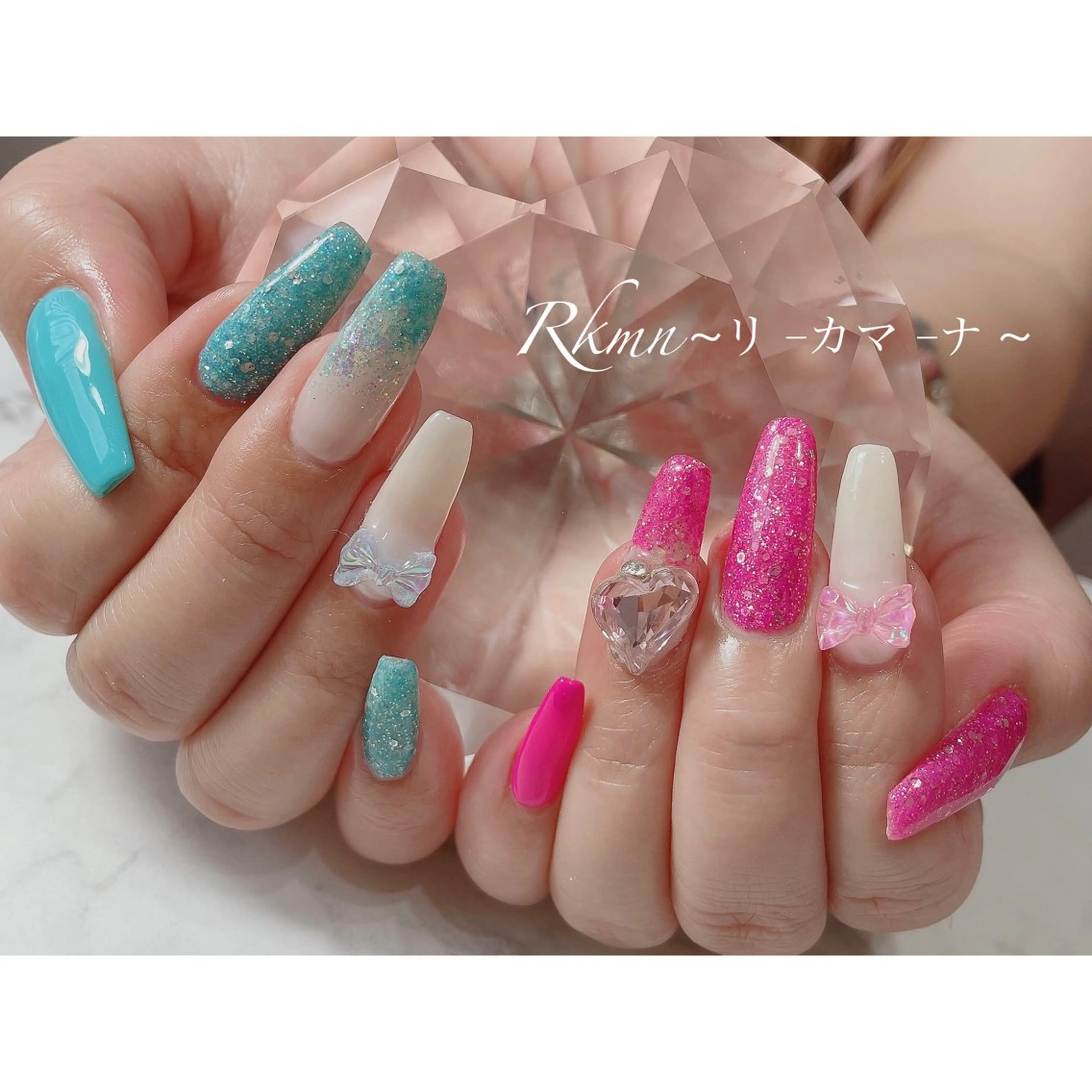 ネイル アートネイル ブルー グラデーション ハート ラメ(グリッター) ハンドネイル フットネイル ハンドケア Rkmn ~リ-カマ-ナ~のネイルデザイン