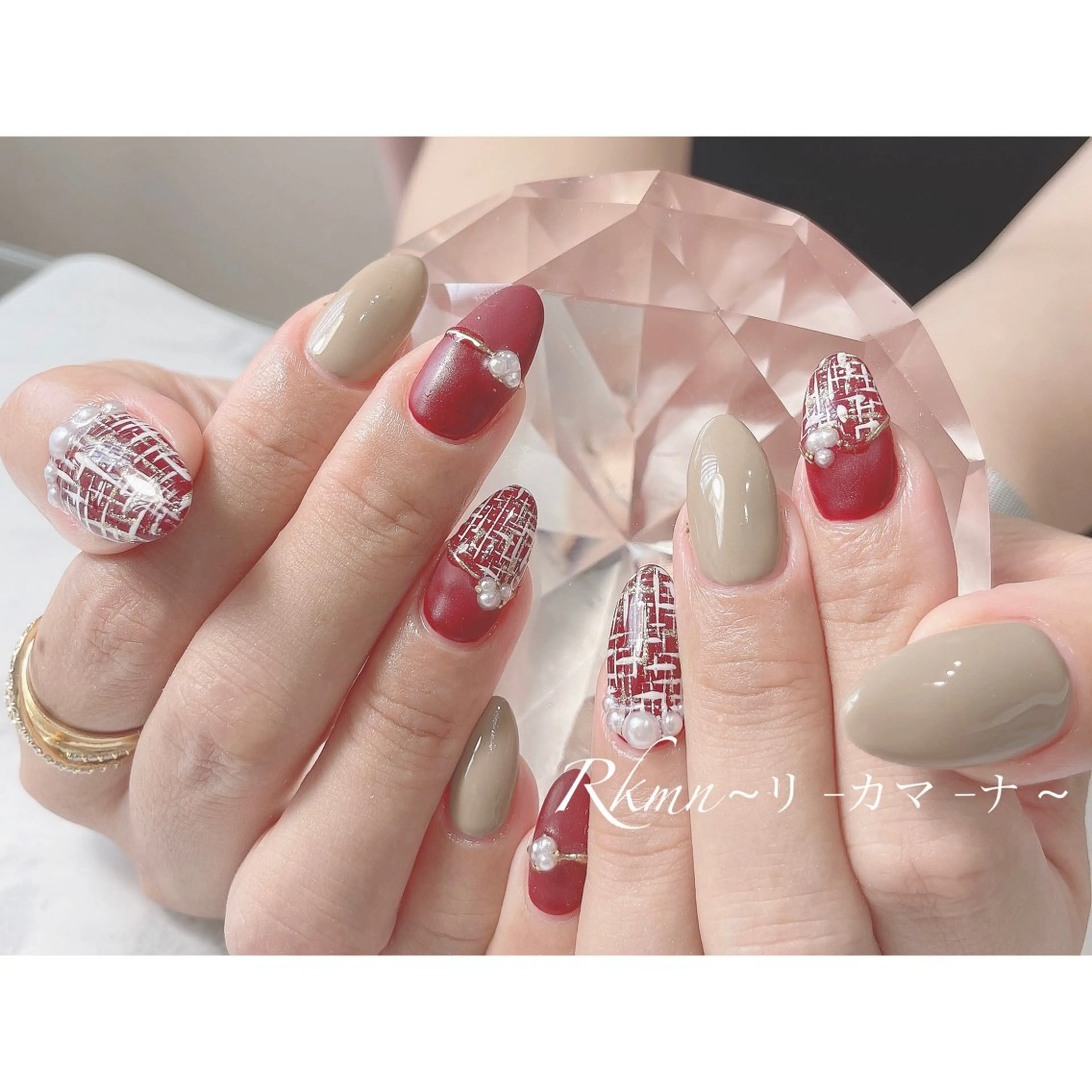 ネイル アートネイル ボルドー マットネイル 春ネイル ツイードネイル ハンドネイル フットネイル ハンドケア Rkmn ~リ-カマ-ナ~のネイルデザイン