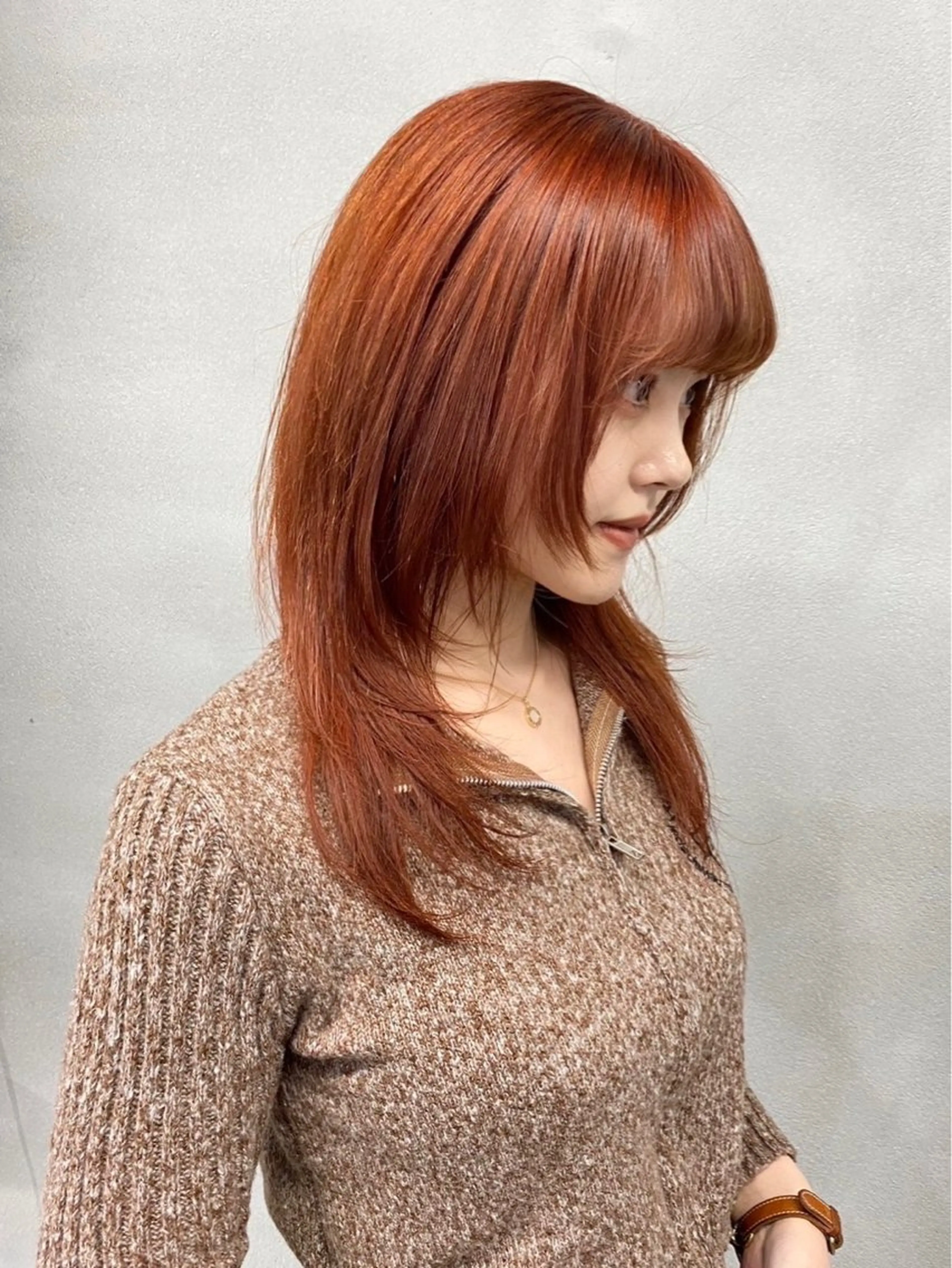 セミロング カラー ブラウンカラー デザインカラー オレンジ オレンジブラウン ボブ ヘアカラー トリートメント 柏 デザインカラー/ レイヤー🐣シオリのヘアスタイル