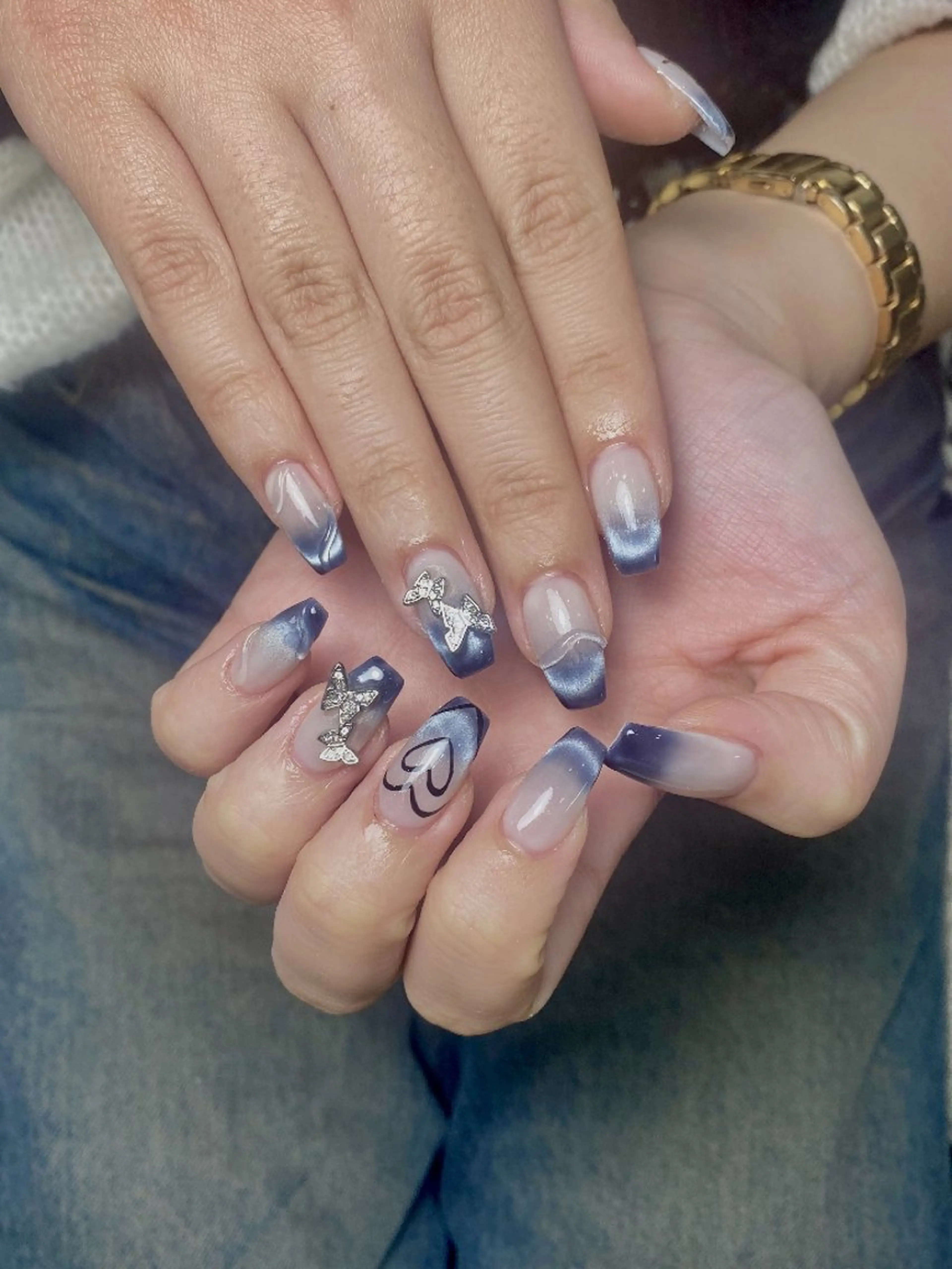 ネイル チークネイル フレンチネイル ジェルネイル ガラスフレンチ キラキラネイル ハンドネイル UM Nail Salonのネイルデザイン