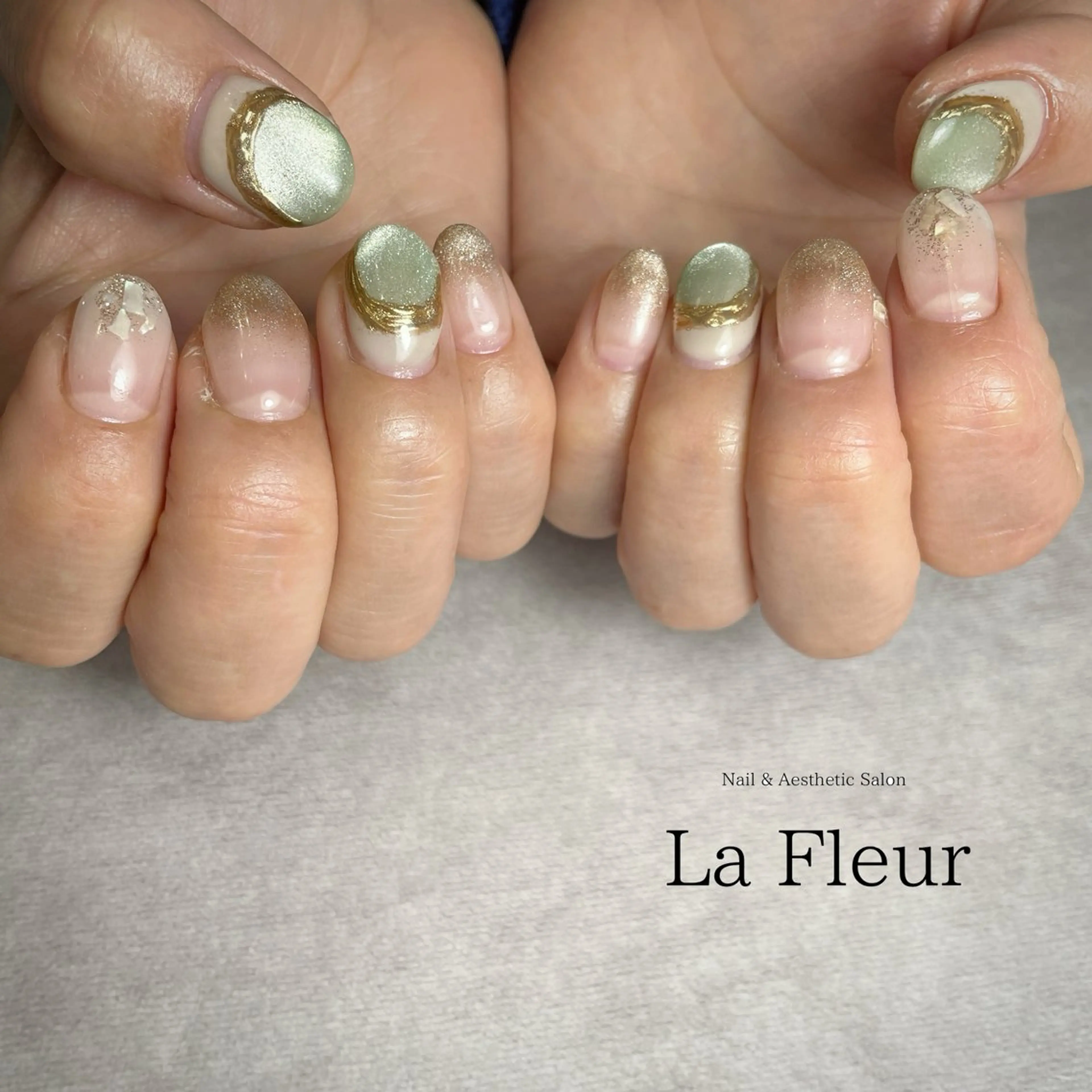 ネイル グリーン ラメ(グリッター) マグネットネイル ピンク 春ネイル ハンドネイル K Harukaのネイルデザイン