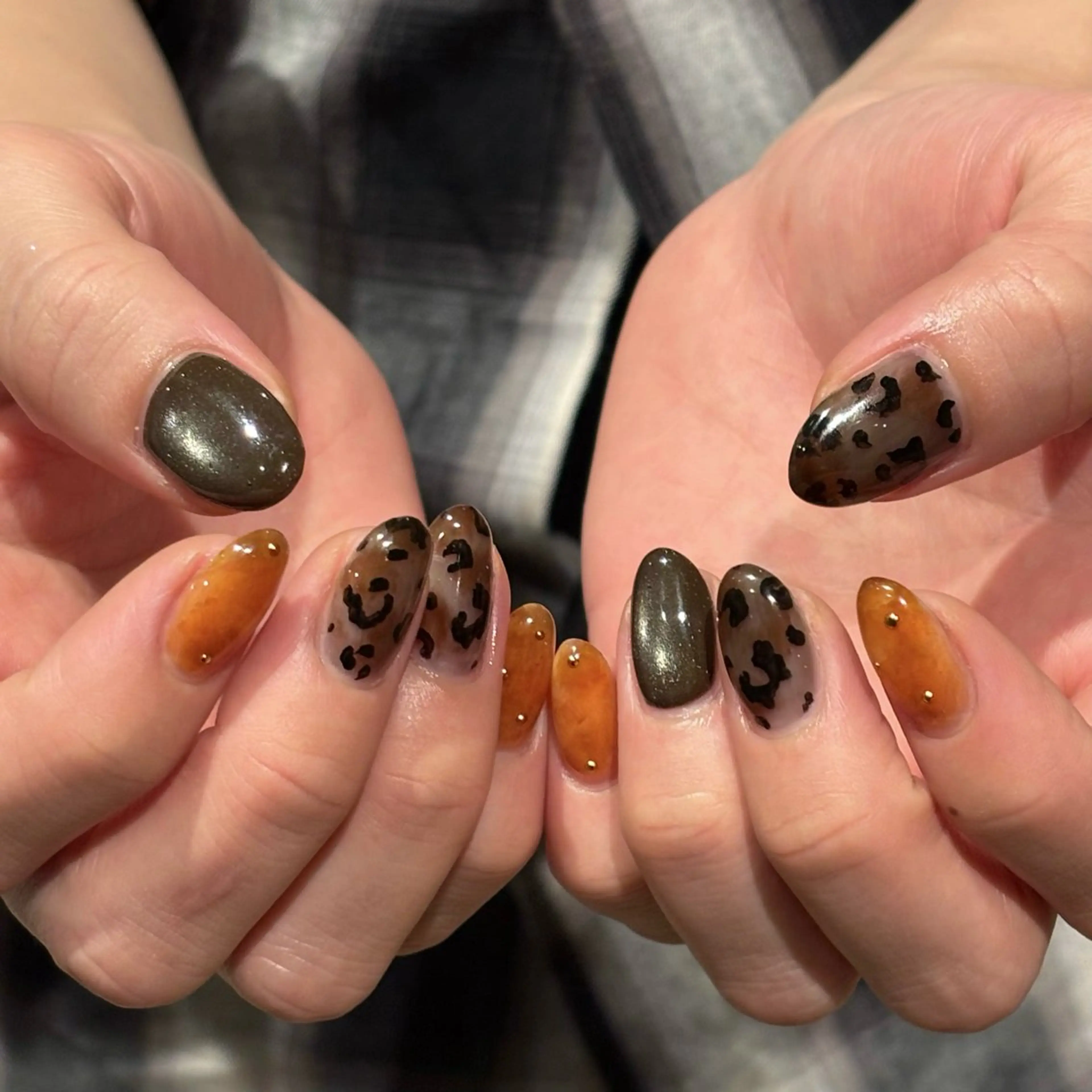 ネイル アニマル柄 べっ甲ネイル ブラウン 氷ネイル・うるうるネイル マグネットネイル ハンドネイル Bianca名駅店 安田のネイルデザイン