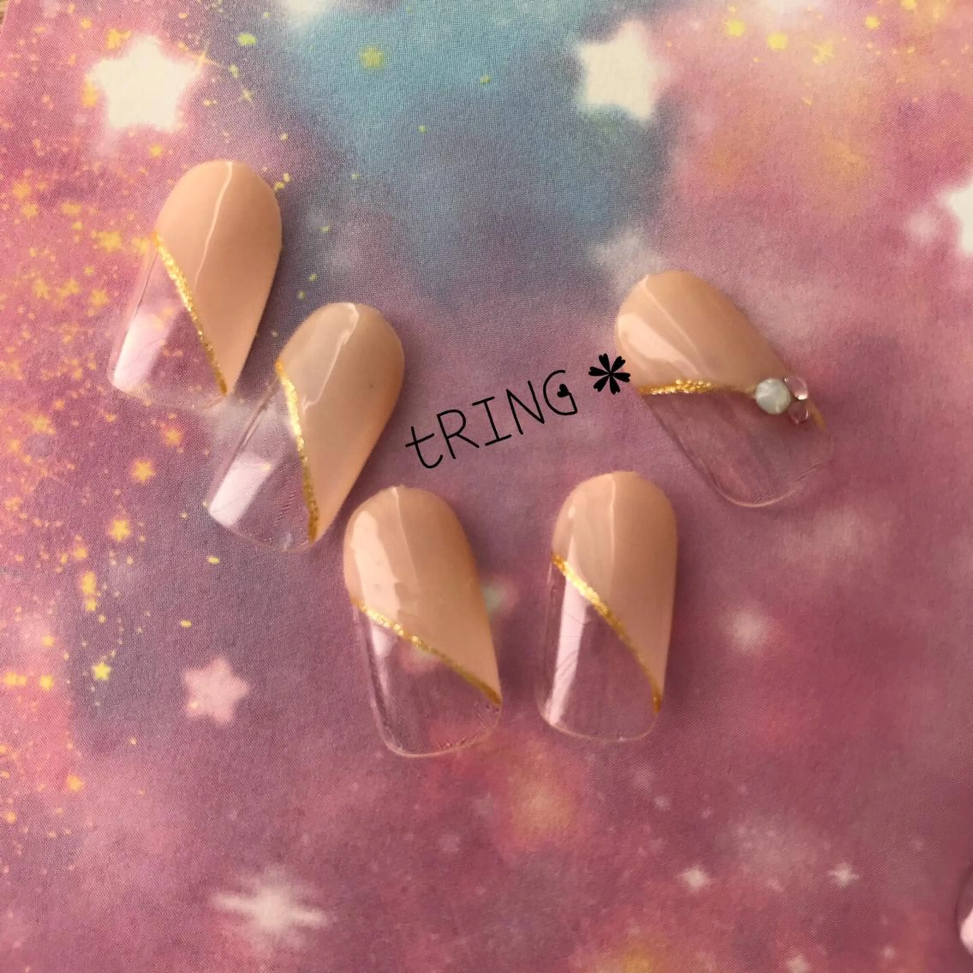ネイル フレンチネイル 斜めフレンチ シンプルネイル ストーンネイル ハンドネイル tRING＊ しいの木台のネイルデザイン
